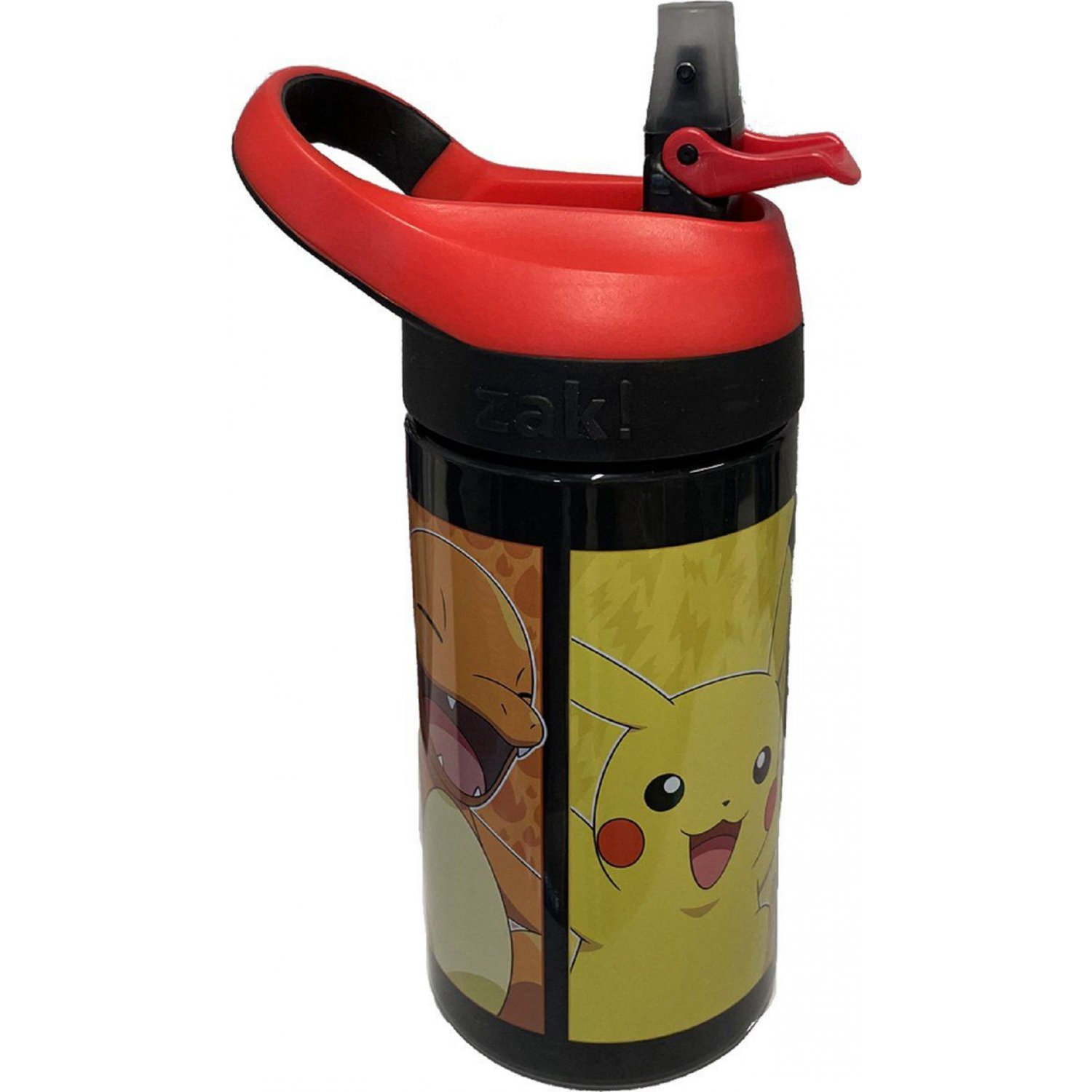 Una botella de agua negra y roja con los personajes de Pokémon Charmander y Pikachu.