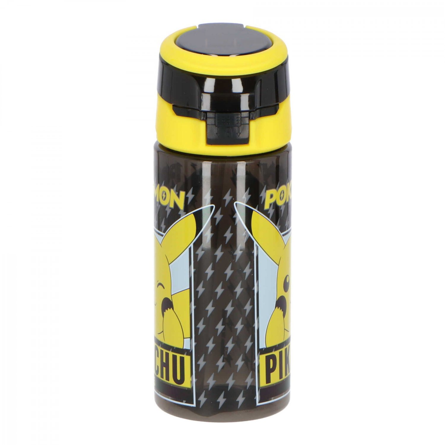 Botella de agua de Pikachu de Pokémon con detalles amarillos y negros. Imagen de Pikachu.