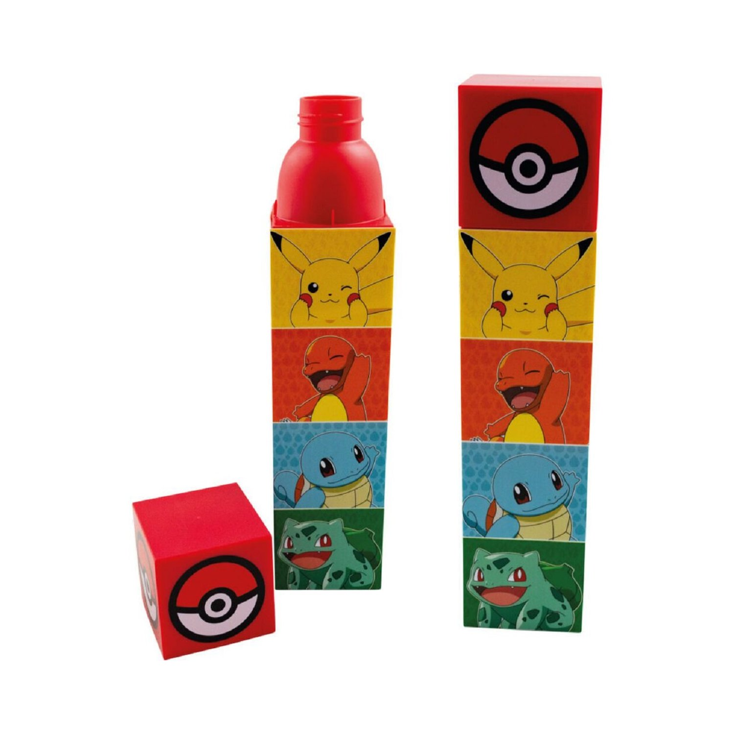 Bloques con temática Pokémon. Hay una tapa de botella y 2 pilas de bloques con personajes Pokémon.