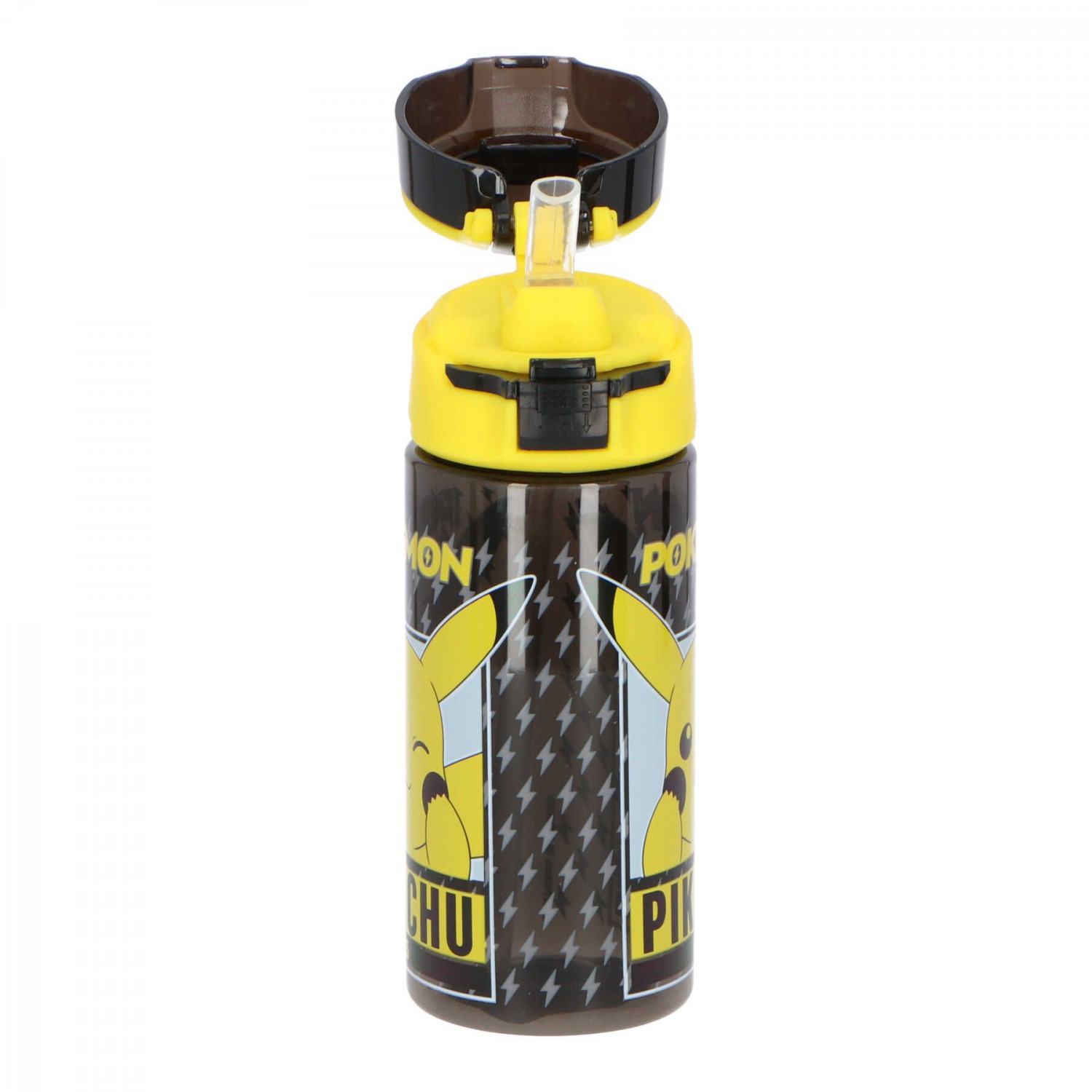 Botella de agua de Pokemon, negra y amarilla, con diseño de Pikachu. La tapa está abierta.