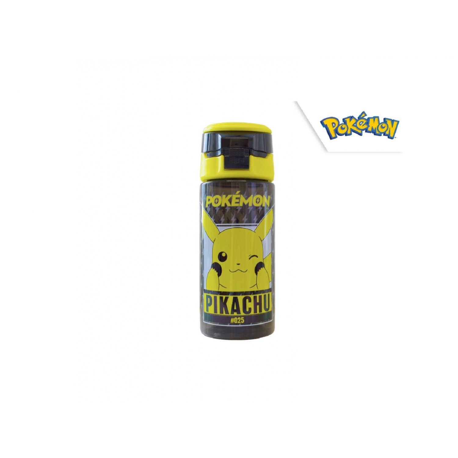 Botella de agua amarilla de Pokemon Pikachu con ilustración de Pikachu y logo Pokemon.