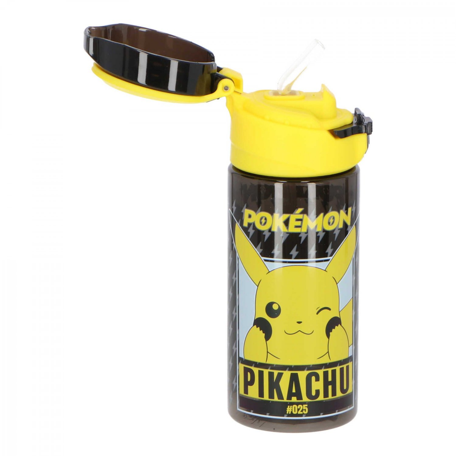 Botella de agua con temática de Pikachu, tapa amarilla, cuerpo negro y amarillo, tapa abierta, pajita visible.