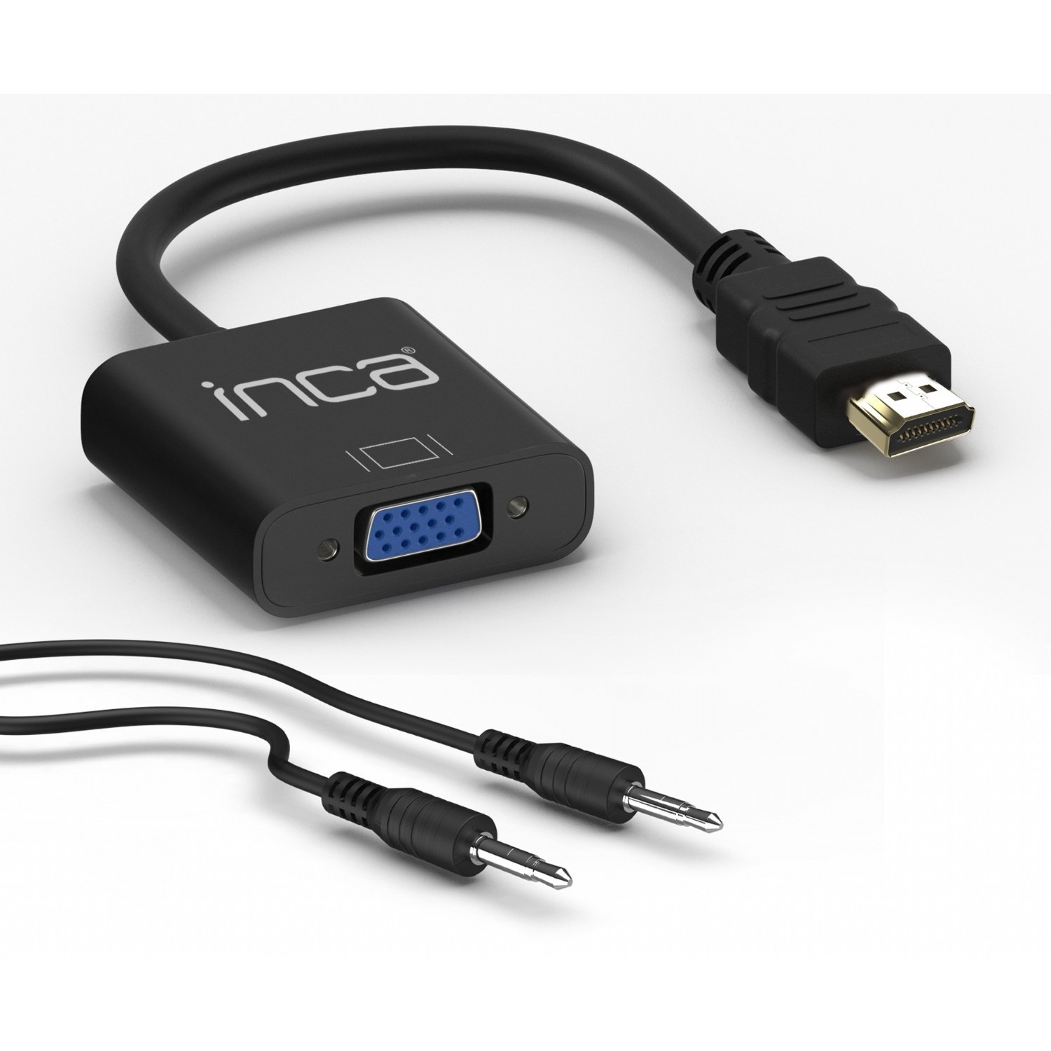 Schwarzer HDMI-zu-VGA-Adapter mit Audiokabeln. Adapter hat VGA-Anschluss und HDMI-Stecker.
