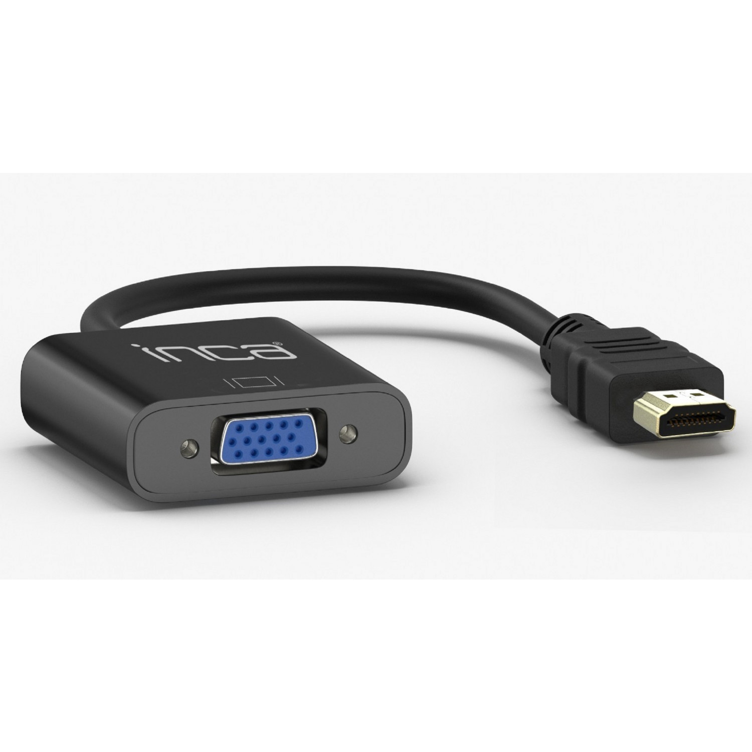 Schwarzer Adapter mit HDMI- und VGA-Anschlüssen. Der Adapter trägt das Wort "inca".