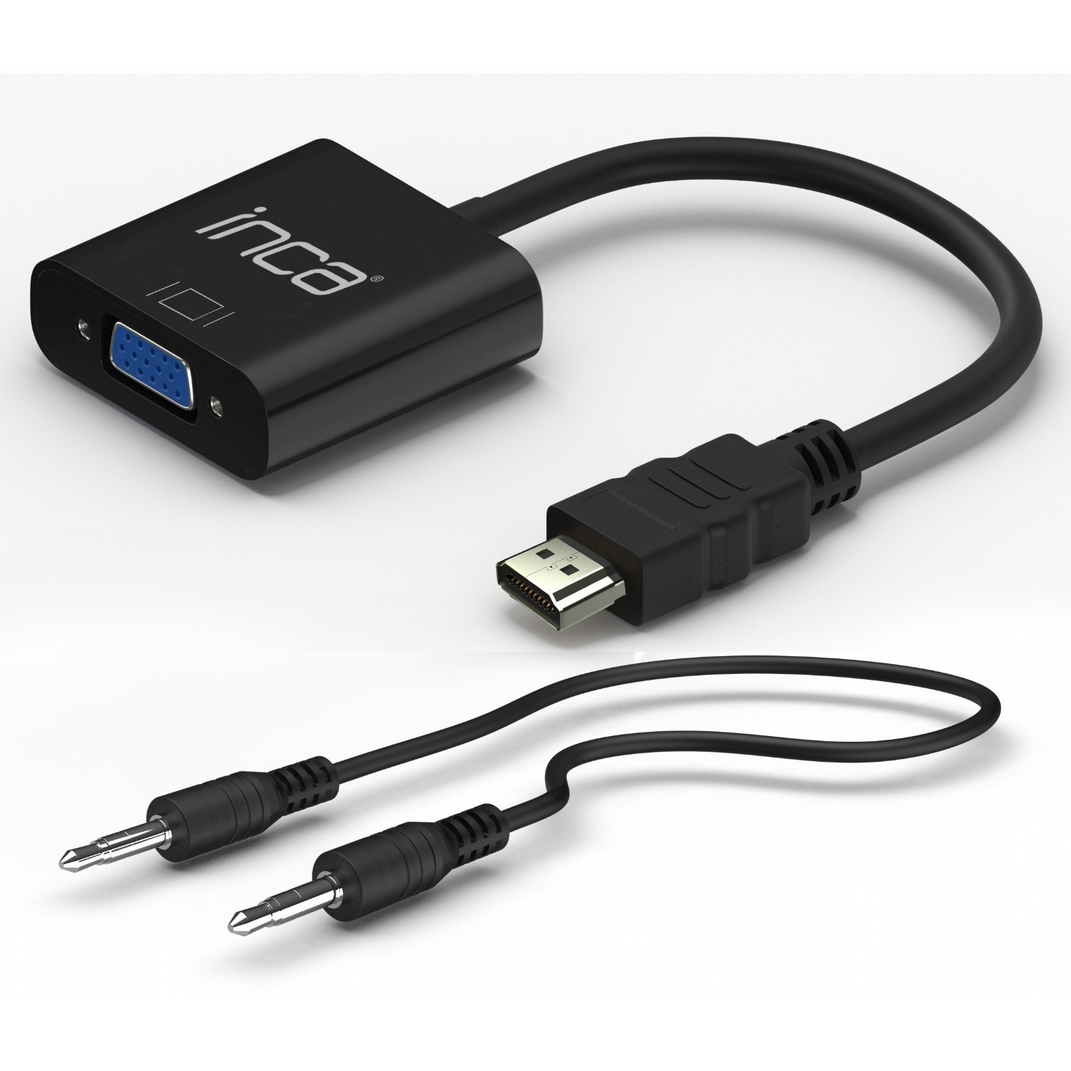 Ein schwarzer Inca-Adapter mit VGA-, HDMI- und zwei Audioanschlüssen.