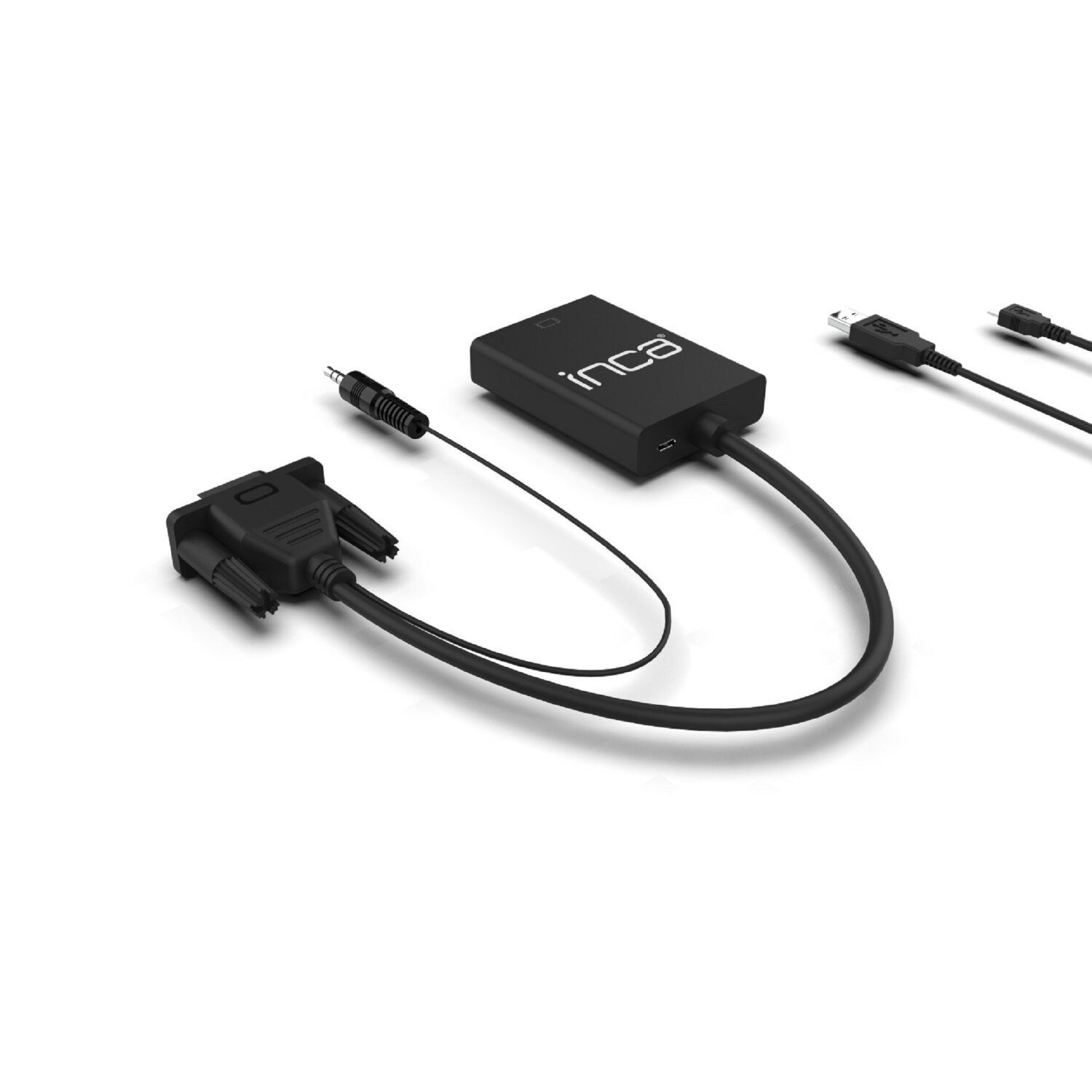 Czarny adapter z wieloma końcówkami połączeń, w tym kablem VGA i USB.