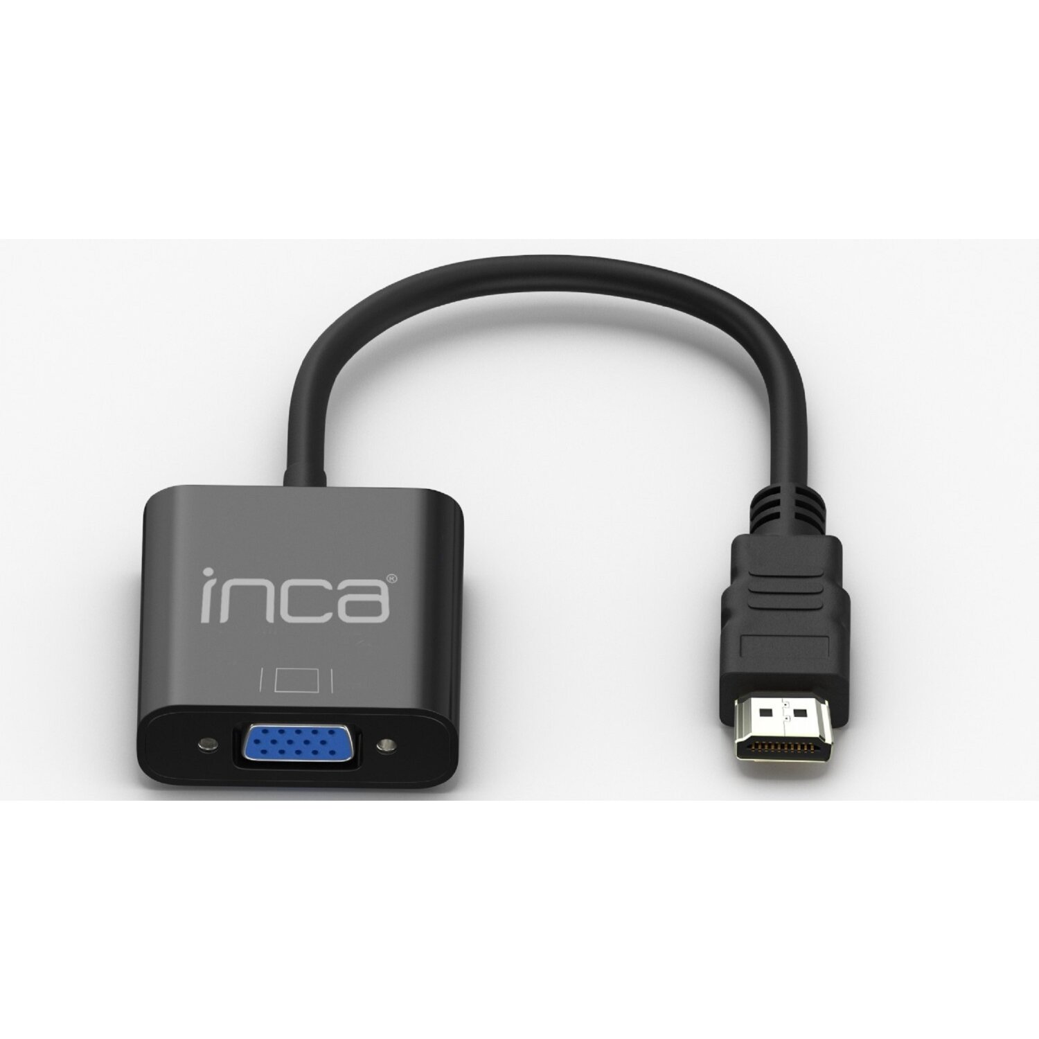 Schwarzer Adapter mit VGA-Eingang und HDMI-Ausgang. Der Markenname 'inca' ist sichtbar.