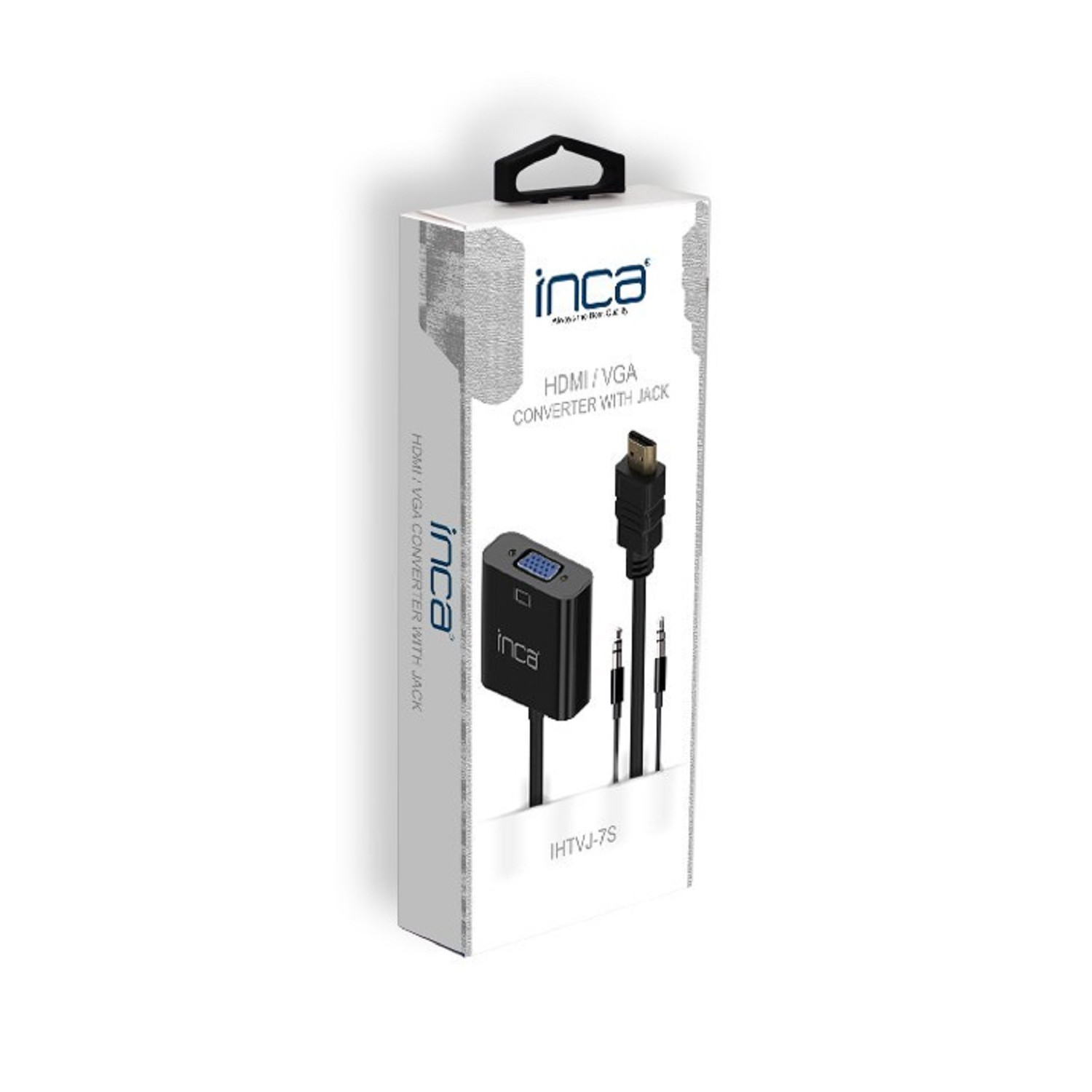 Weiße Box mit einem schwarzen HDMI/VGA-Konverter mit Kabeln und einer Buchse.
