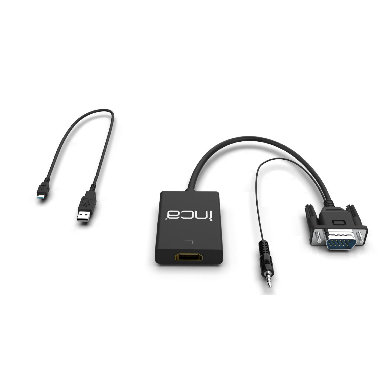 Adapter HDMI Inca ze złączami USB i VGA oraz gniazdem audio, na białym tle.