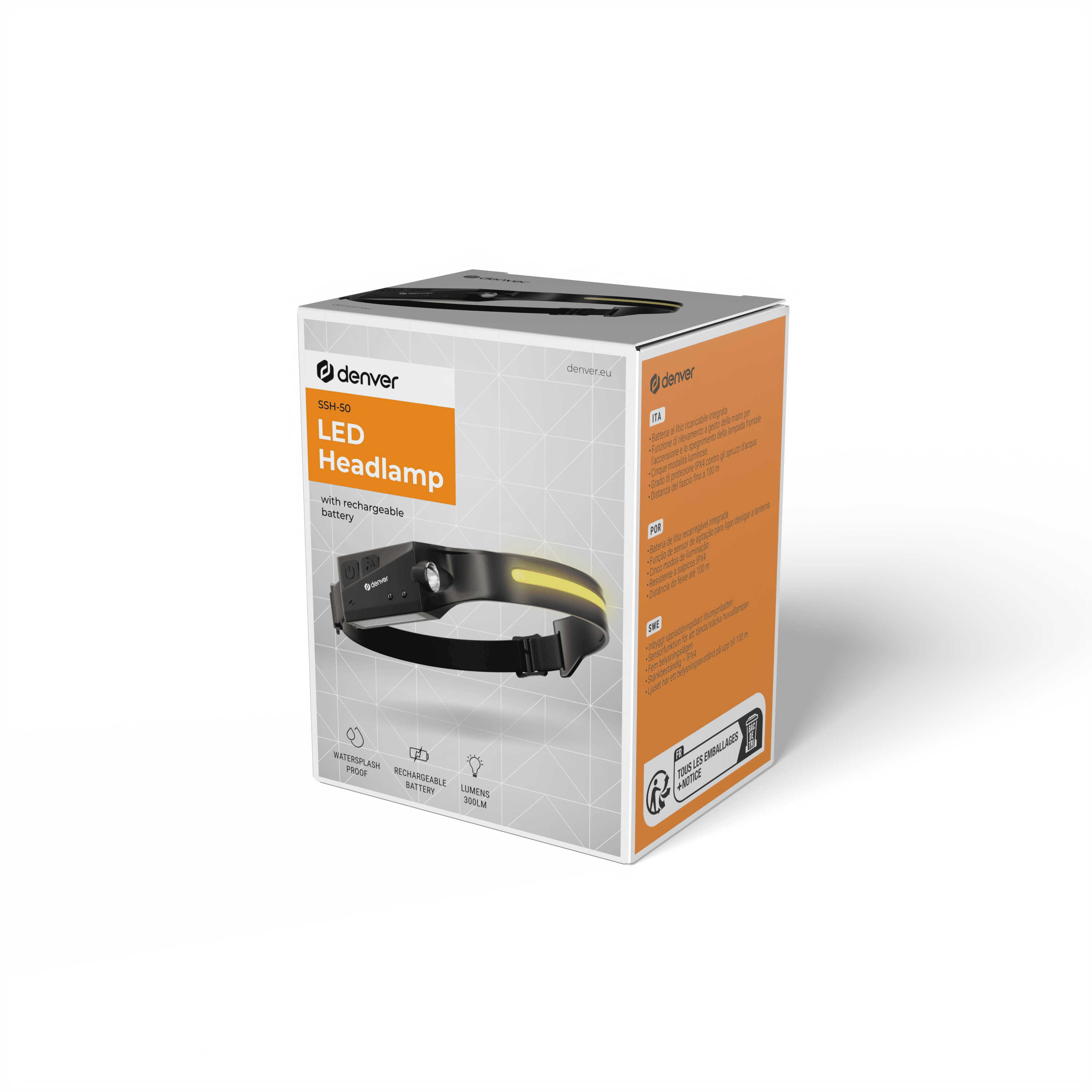 Une boîte d'une lampe frontale LED noire et jaune. Elle comprend les mots Lampe frontale LED.
