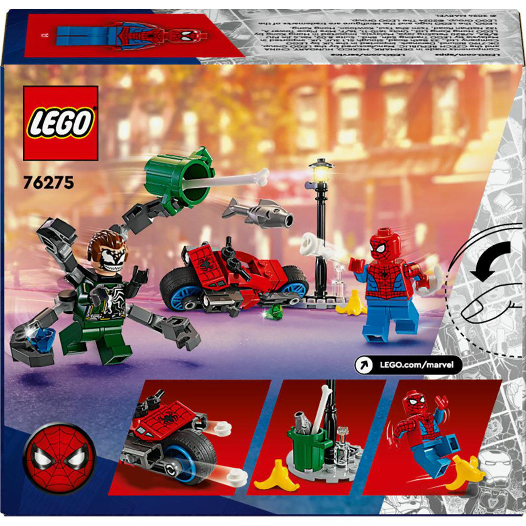 Lego-Box mit Lego-Spiderman-Figuren und einem roten Motorrad. Hintergrund Comic-Kunst.