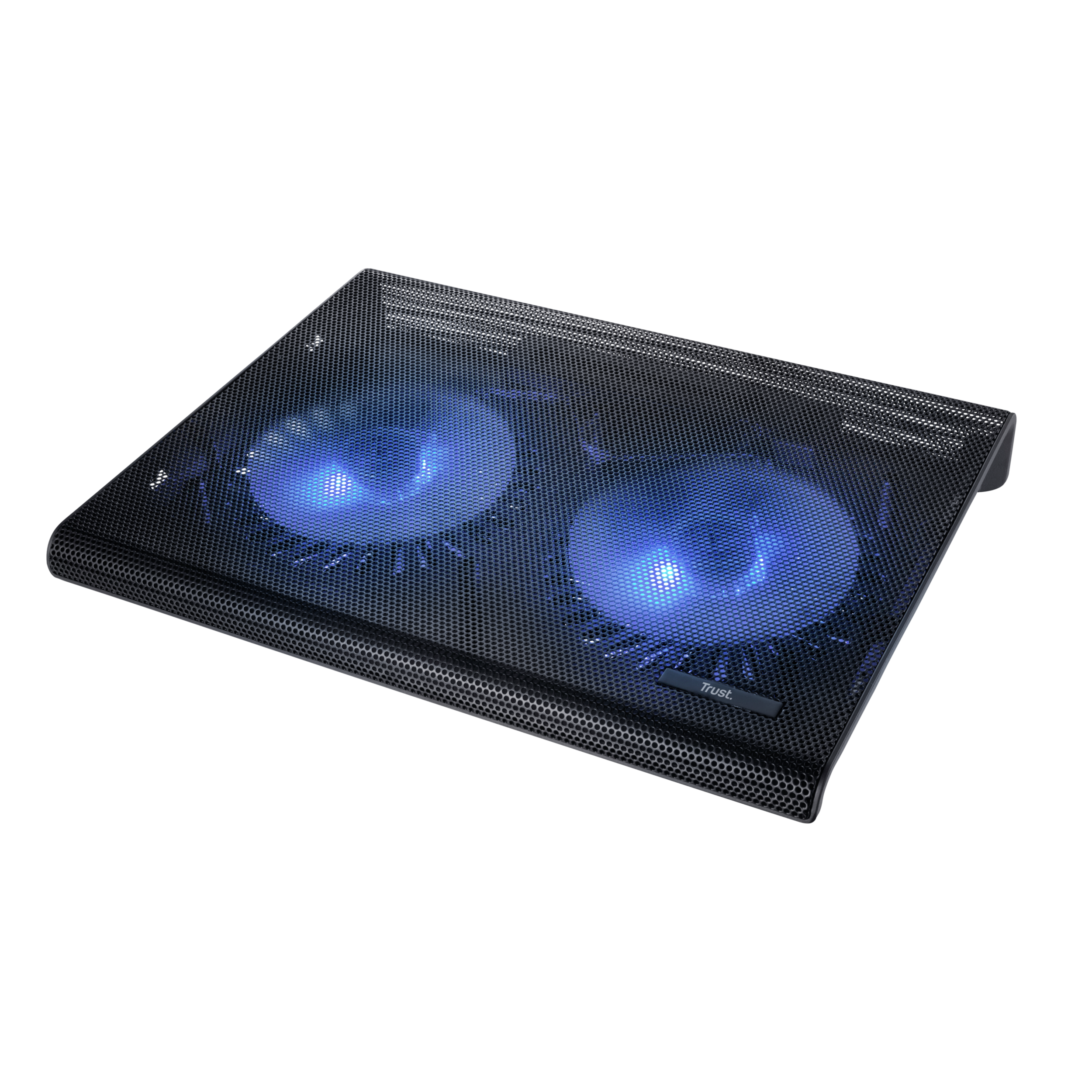 Zwart laptopkoelpad met twee blauw gloeiende ventilatoren. Het gaas is zwart met Trust-logo.