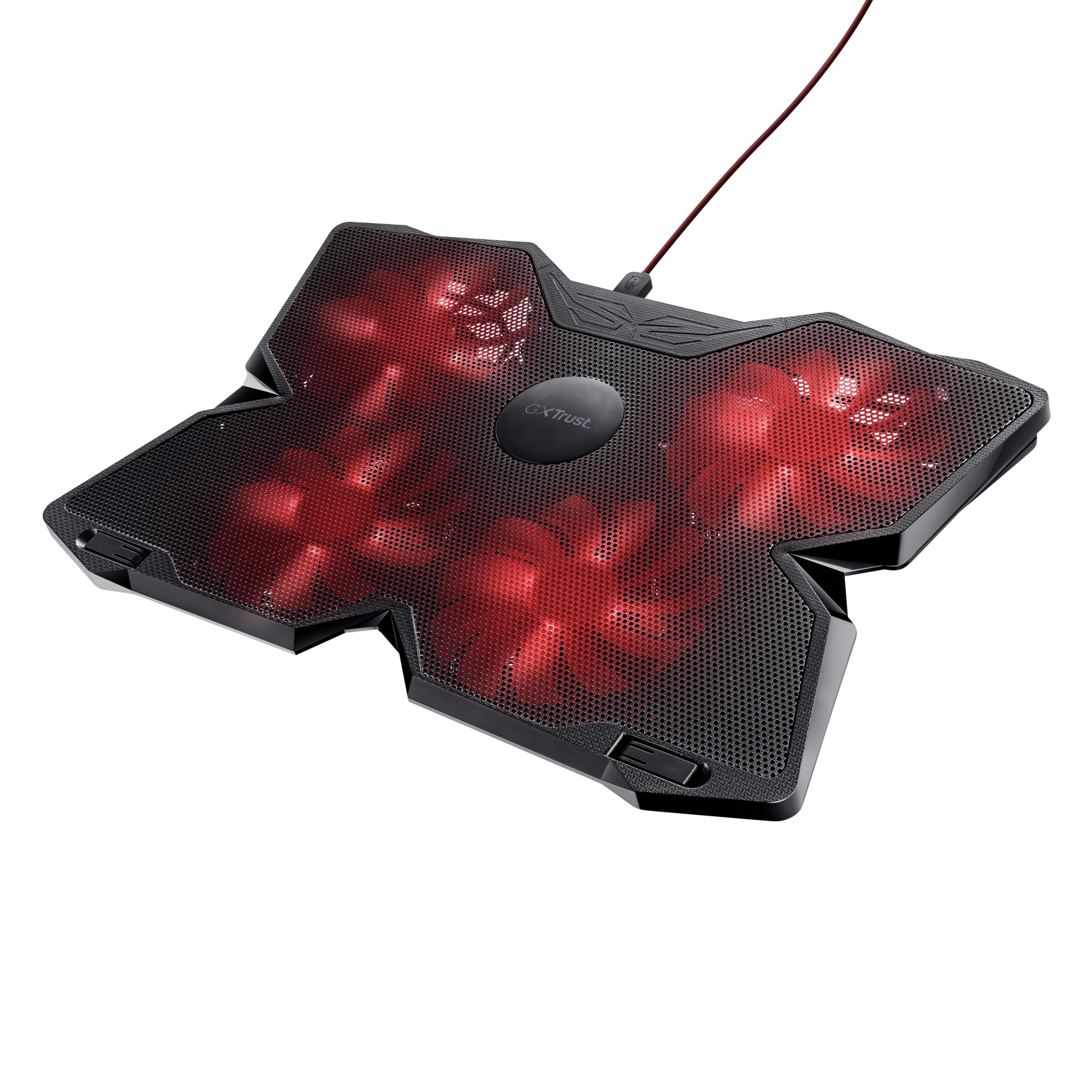 Ein schwarzer Laptop-Kühler mit roten Lichtern auf schwarzem Hintergrund.