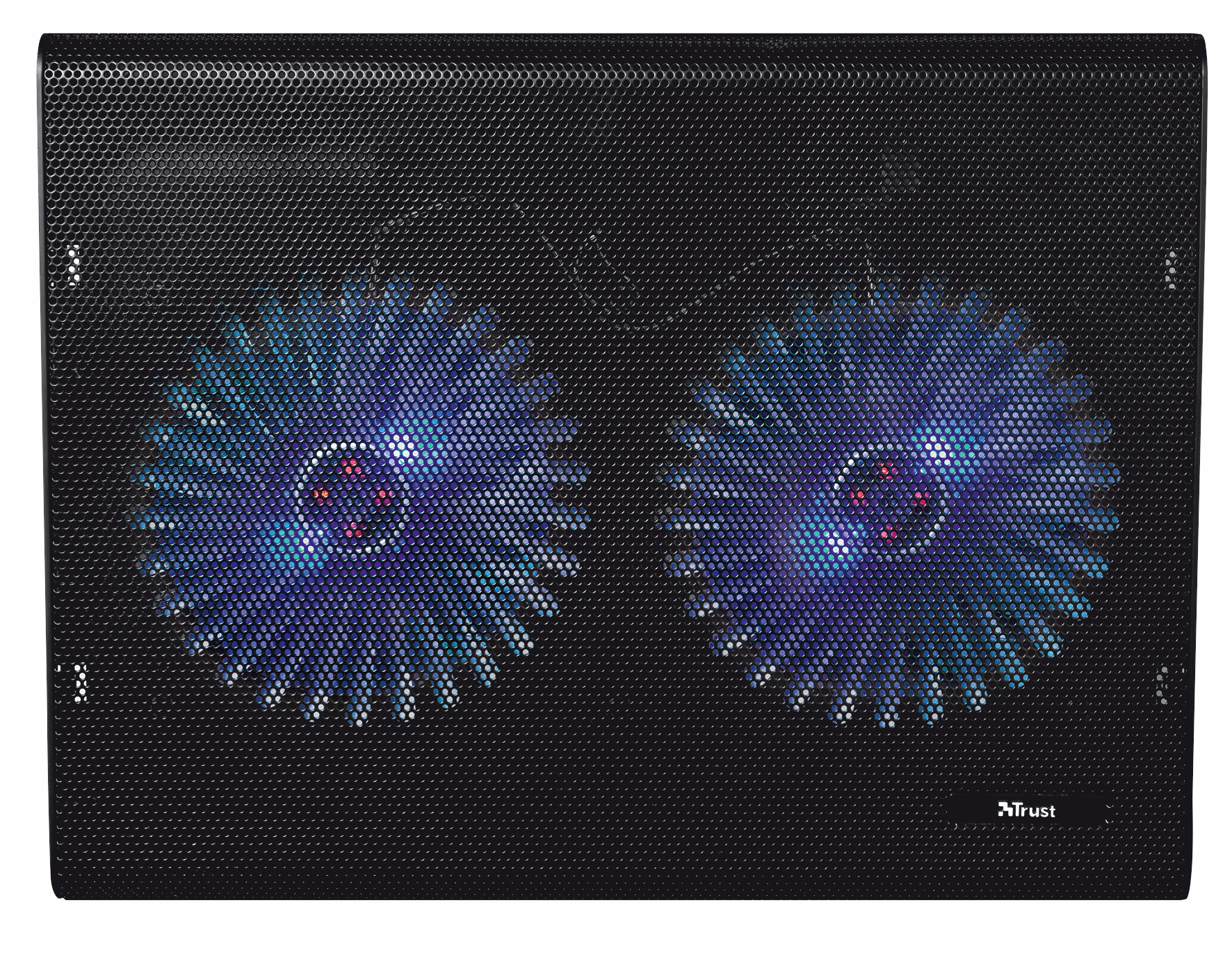 Zwarte laptopkoeler met twee blauw verlichte ventilatoren achter een mesh rooster. 'Trust' logo zichtbaar.