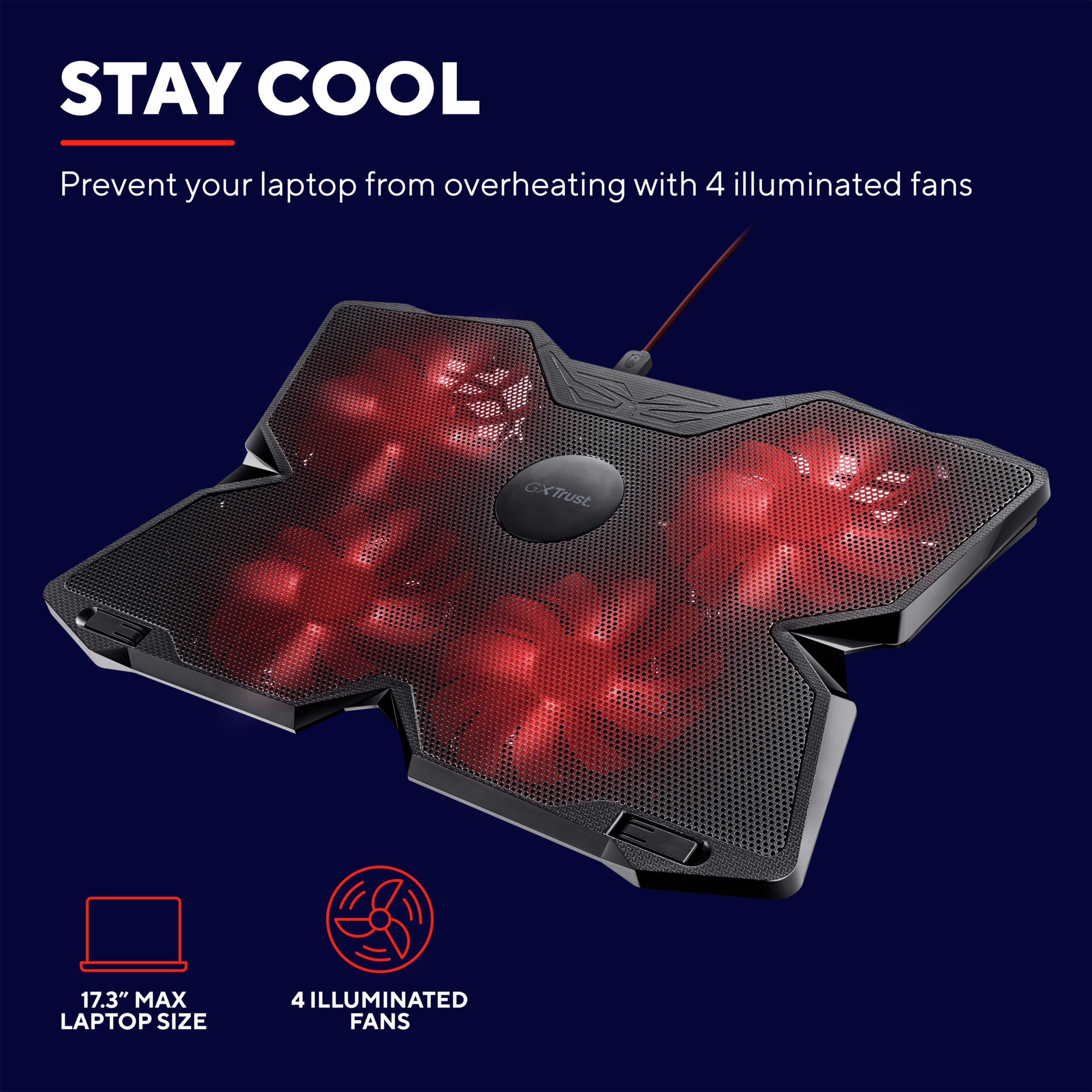 Laptop-Kühlpad mit rot beleuchteten Lüftern auf blauem Hintergrund.