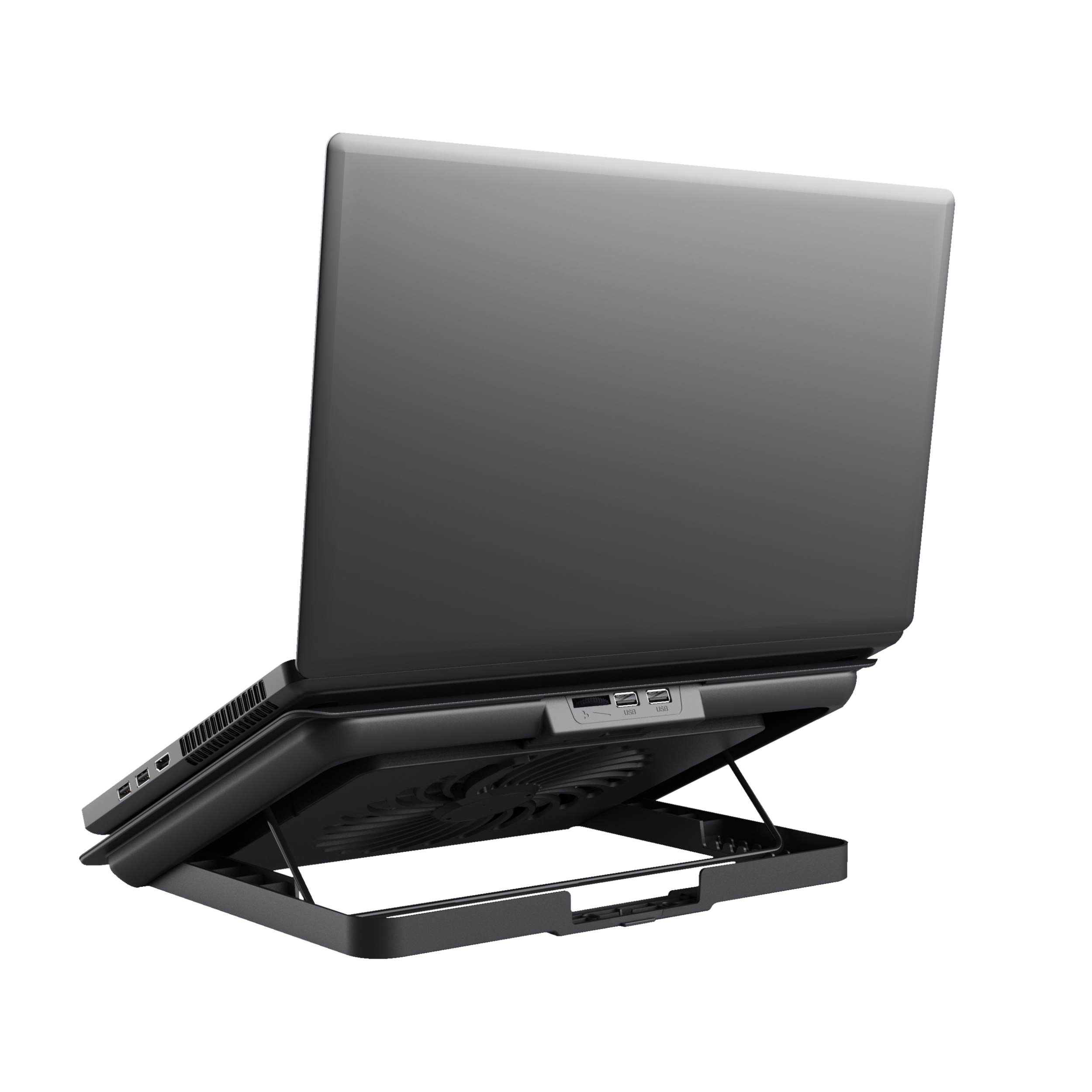 Zwarte laptop op een zwarte koelstandaard. De standaard staat schuin.