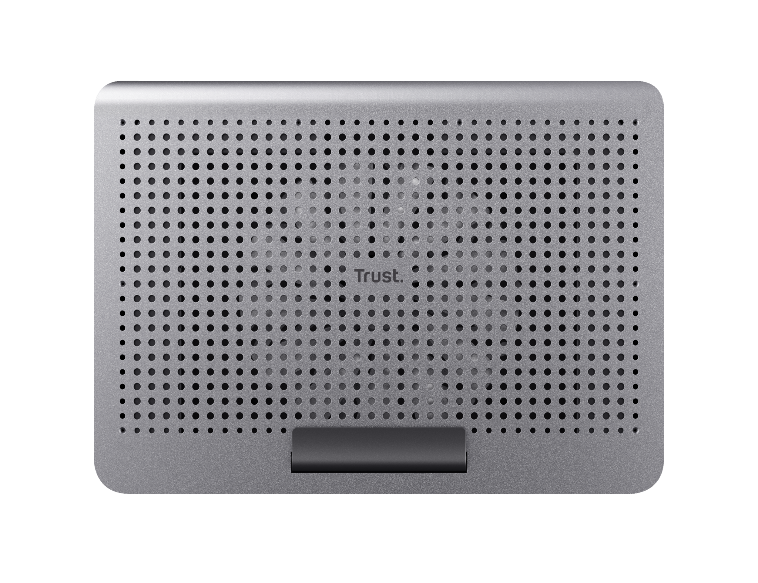Zilveren laptopkoelpad met gaten. Het Trust-logo staat onderaan.