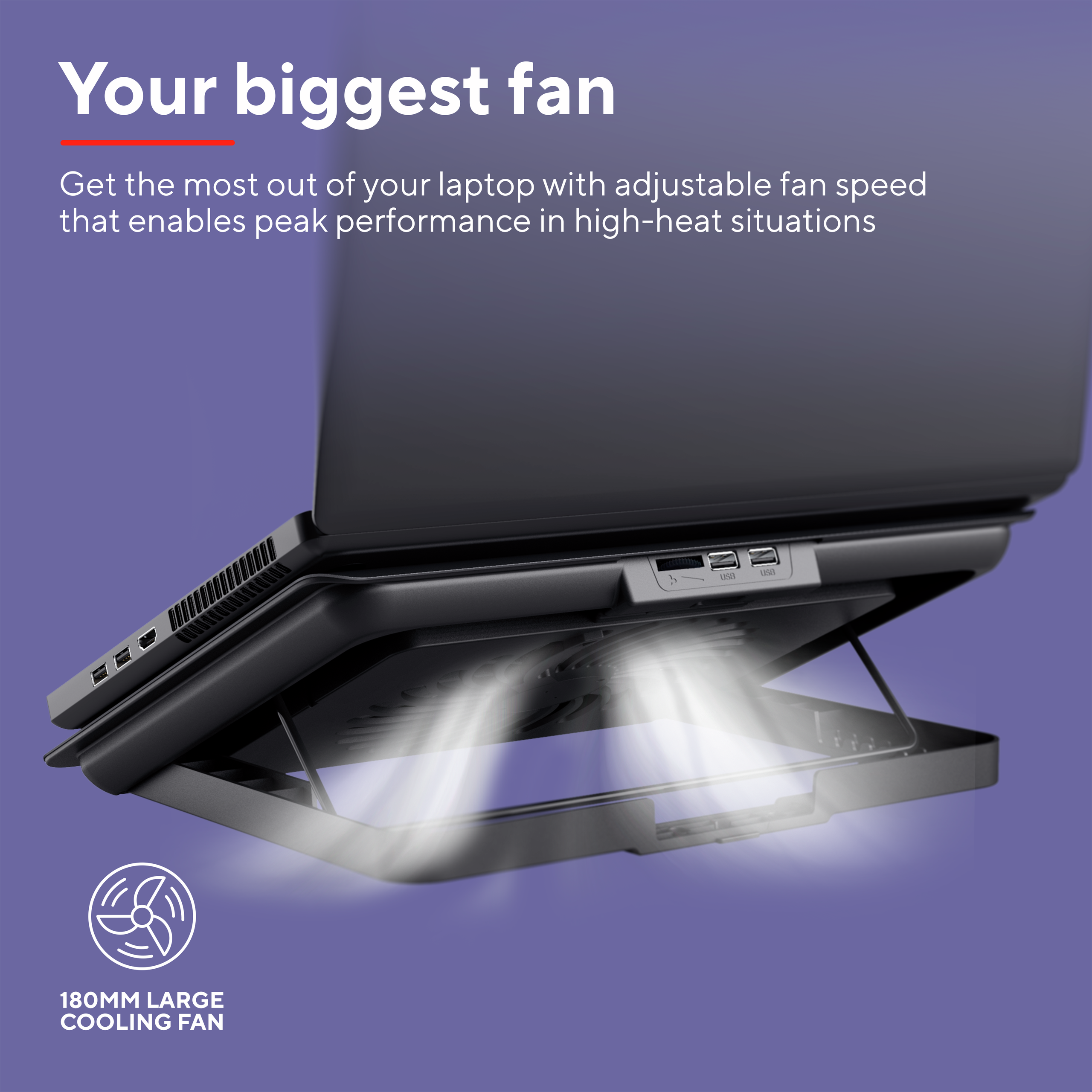 Een laptop op een zwarte koelpad met ventilatoren die lucht omhoog blazen, met tekst: Je grootste fan.