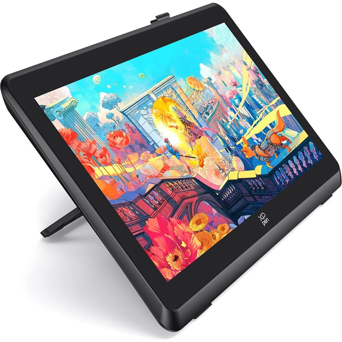 Ein schwarzes Tablet mit Ständer zeigt eine bunte digitale Kunst mit Blumen und Gebäuden.