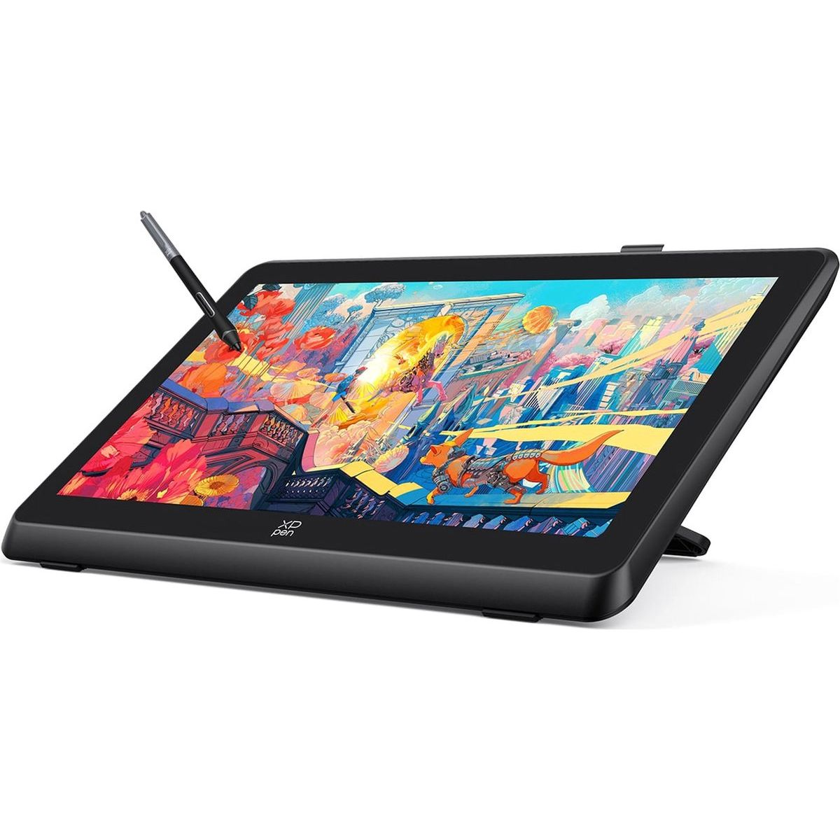 Schwarzes digitales Zeichentablett mit Stift, das ein farbenfrohes digitales Kunstwerk zeigt.