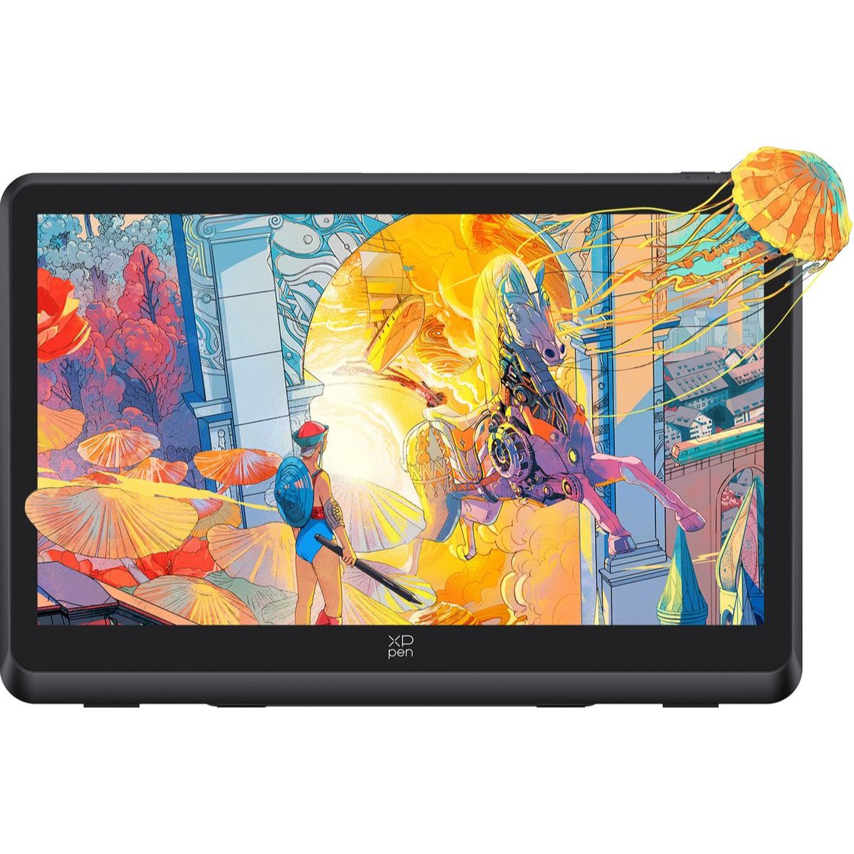 Tablet mit einer bunten Kunstszene. Eine blaue und gelbe Qualle schwebt.