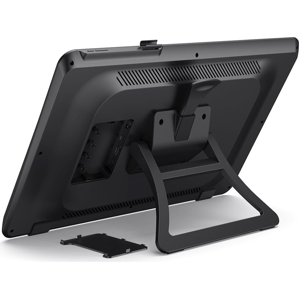 Ein schwarzer Tablet-Monitor mit Ständer, von hinten betrachtet.