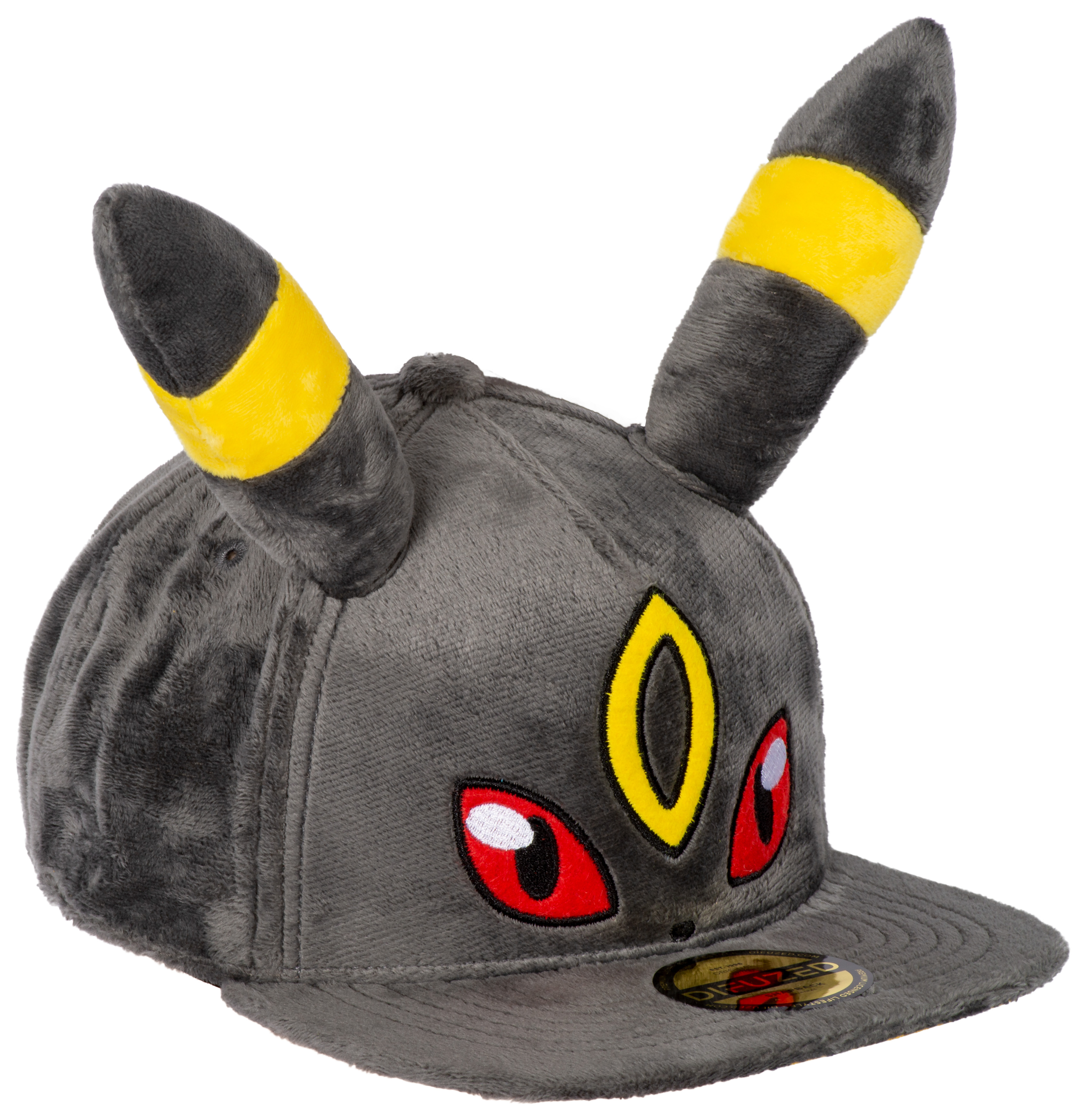 Umbreon Pokemon Hut. Dunkelgrau mit gelben Akzenten an den Ohren und einem gelben Ring vorne.