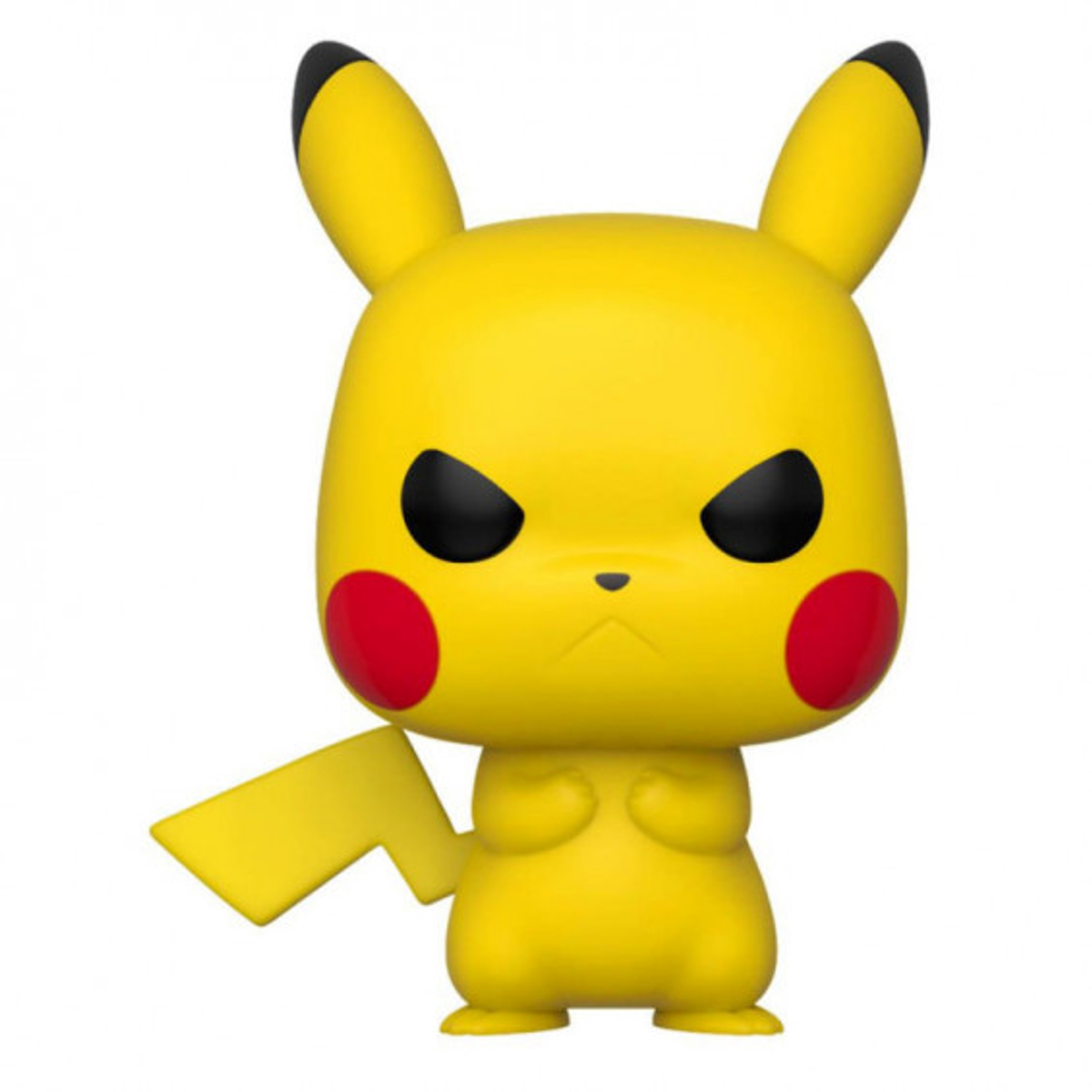Statuetta di Pikachu giallo con occhi neri e guance rosse. Ha un'espressione arrabbiata.