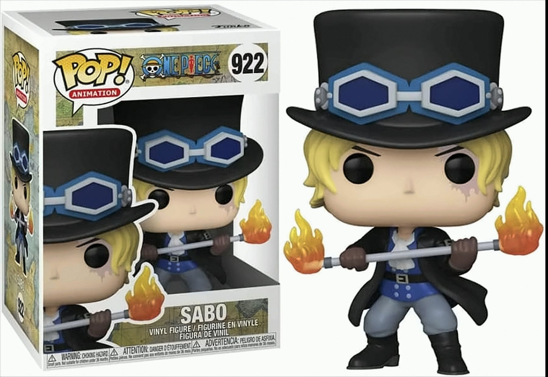 Figura di Sabo da One Piece. In scatola e fuori scatola. Sabo tiene il fuoco.