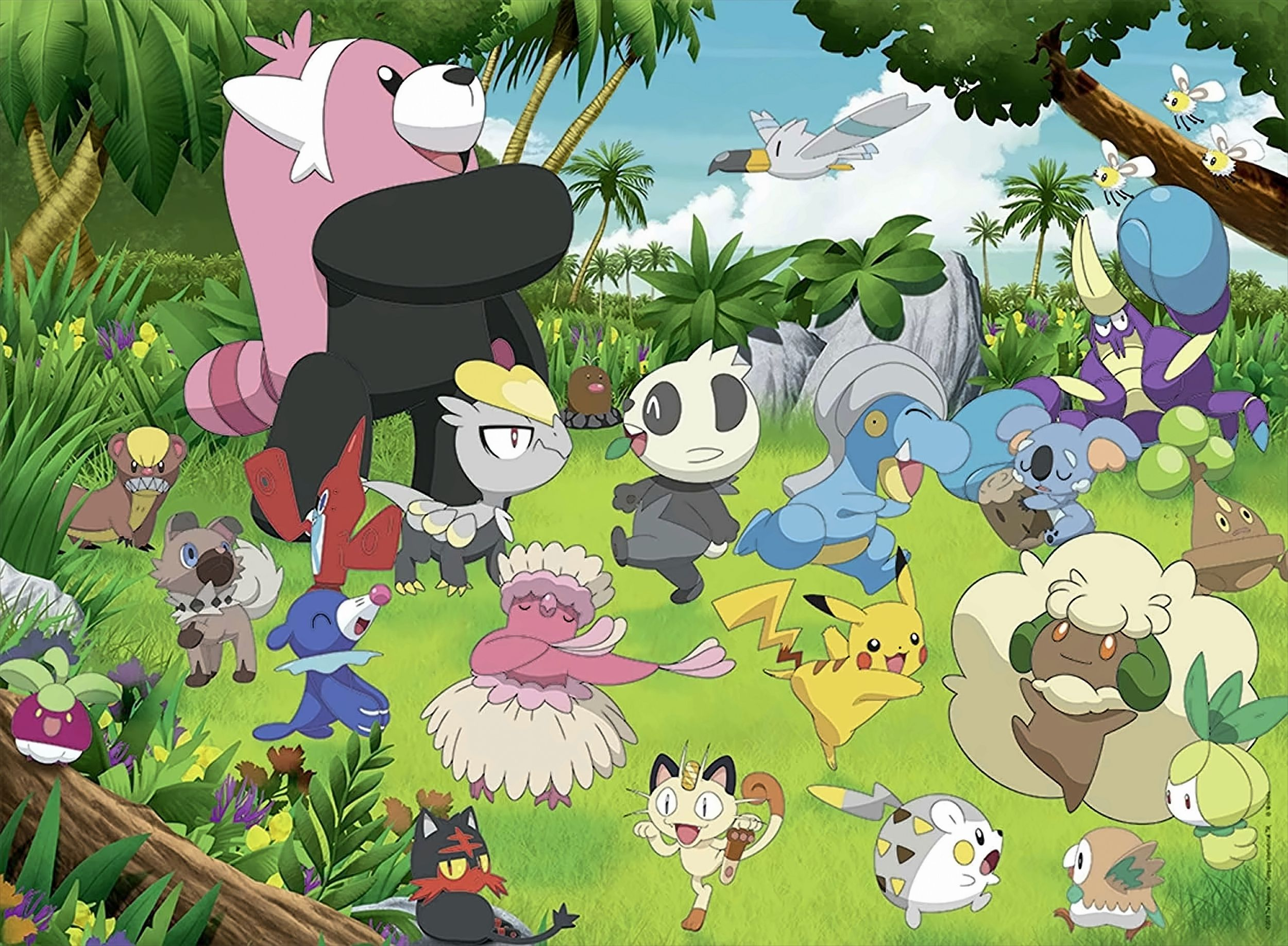 Un'illustrazione colorata di più personaggi Pokémon in un ambiente giungla, incluso Pikachu.