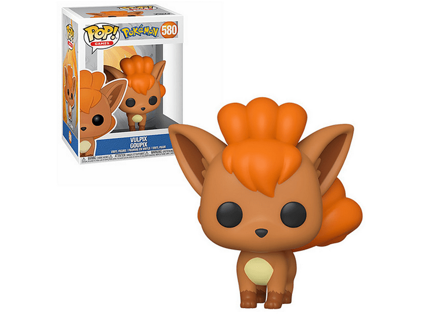 Figura Vulpix Pokémon w pudełku. Figura jest pomarańczowa i brązowa z małym białym płomieniem.