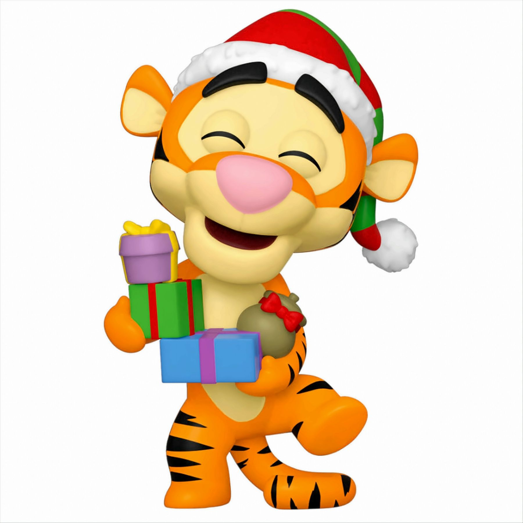 Personaggio dei cartoni animati Tigro con cappello di Babbo Natale, tiene regali con un sorriso.