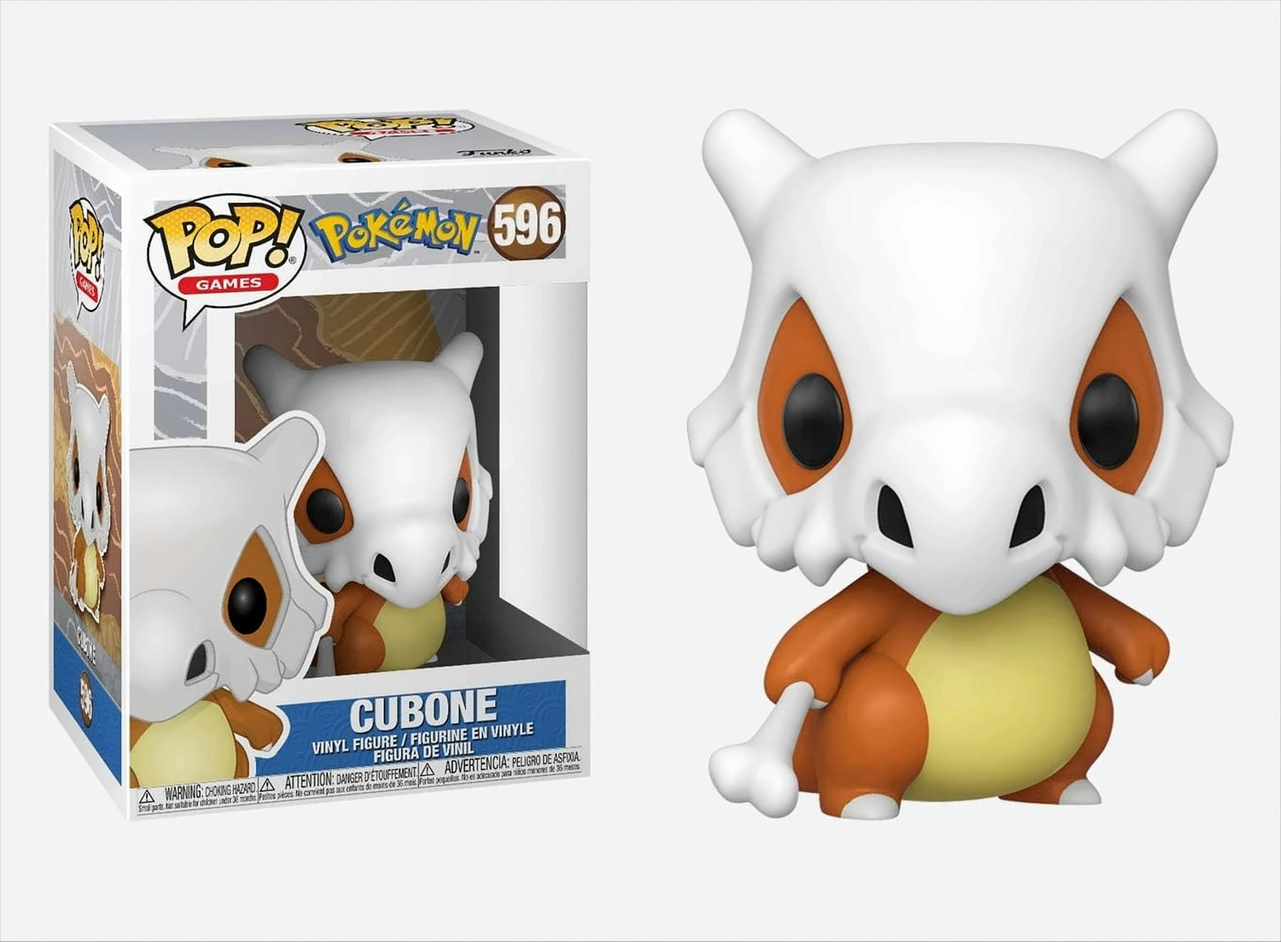 Cubone Pokémon-Figur in der Originalverpackung und separat dargestellt.