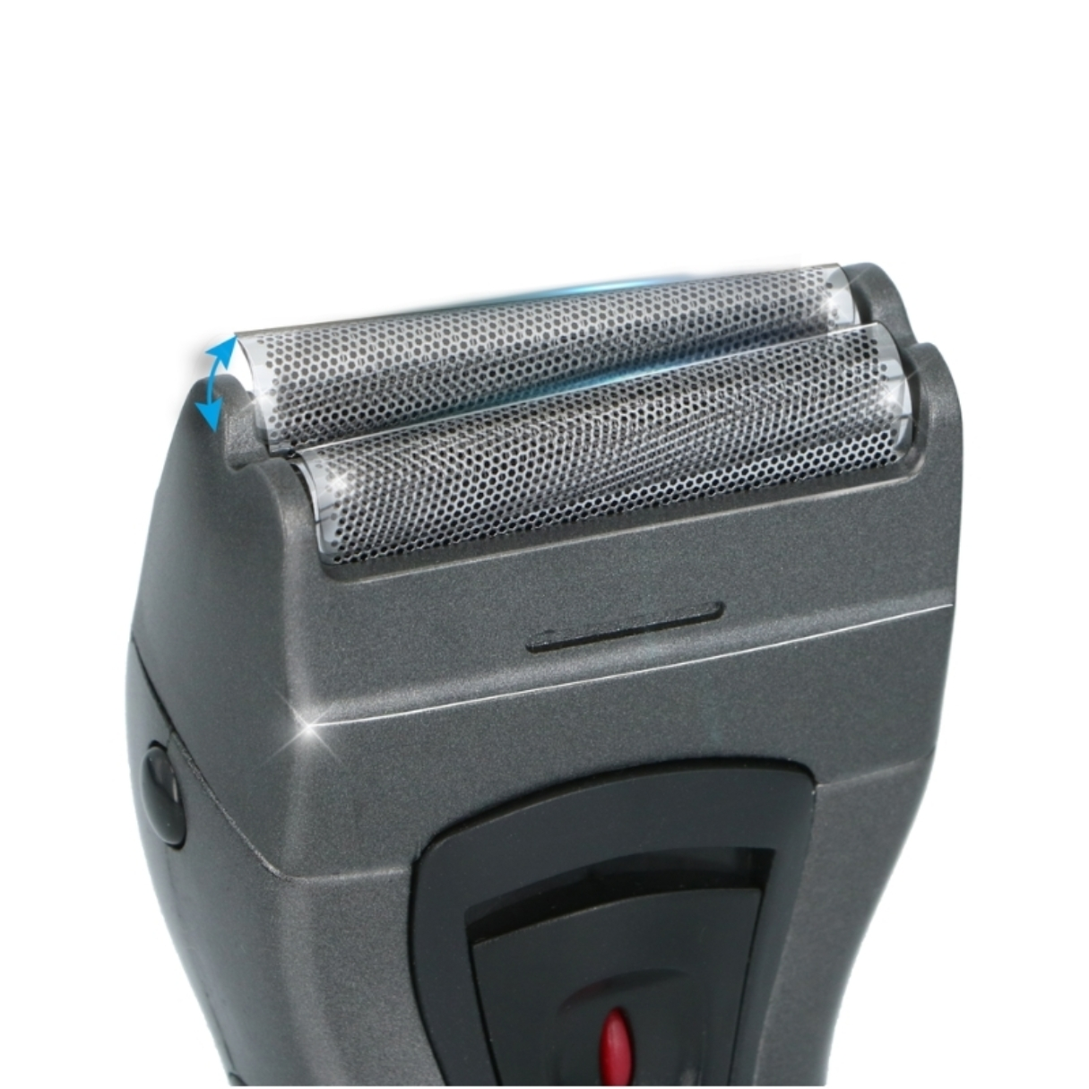 Nahaufnahme des Kopfes eines Elektrorasierers mit zwei silbernen Klingen und einem grauen Gehäuse.
