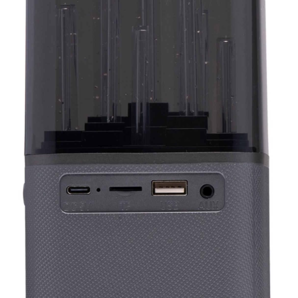 Een speaker met diverse poorten en een transparant bovendeel. Grijze kleur.