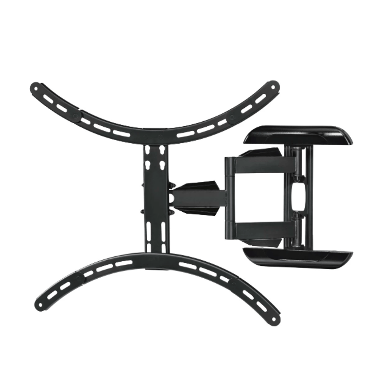 Soporte de pared para TV negro sobre fondo blanco. Es de metal y tiene varias partes móviles.