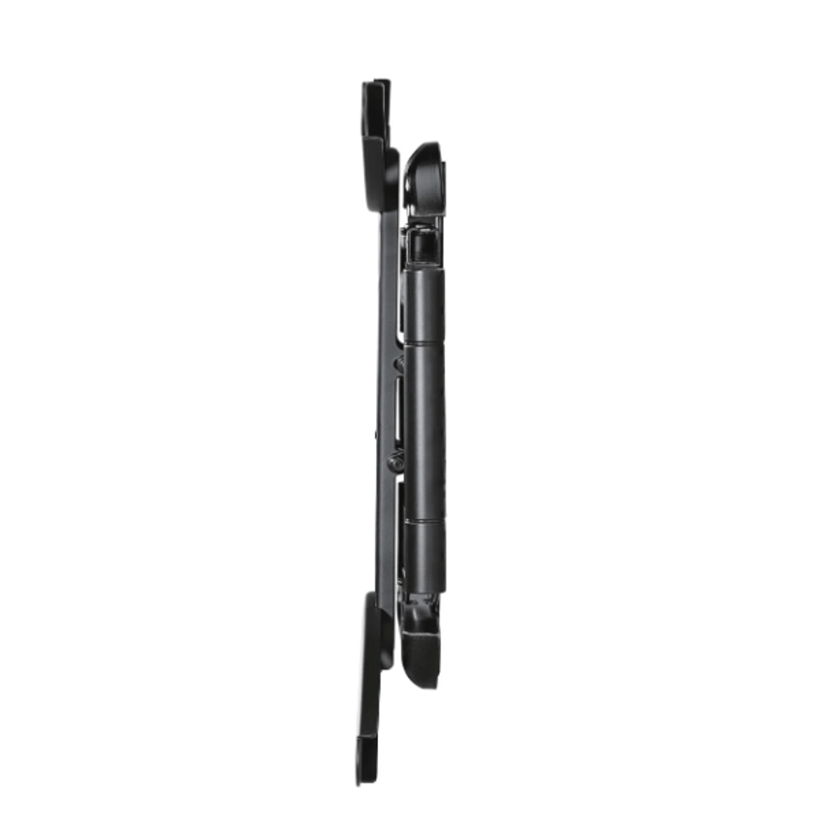 Un soporte negro plegado, probablemente para una tableta o un teléfono, vista lateral.
