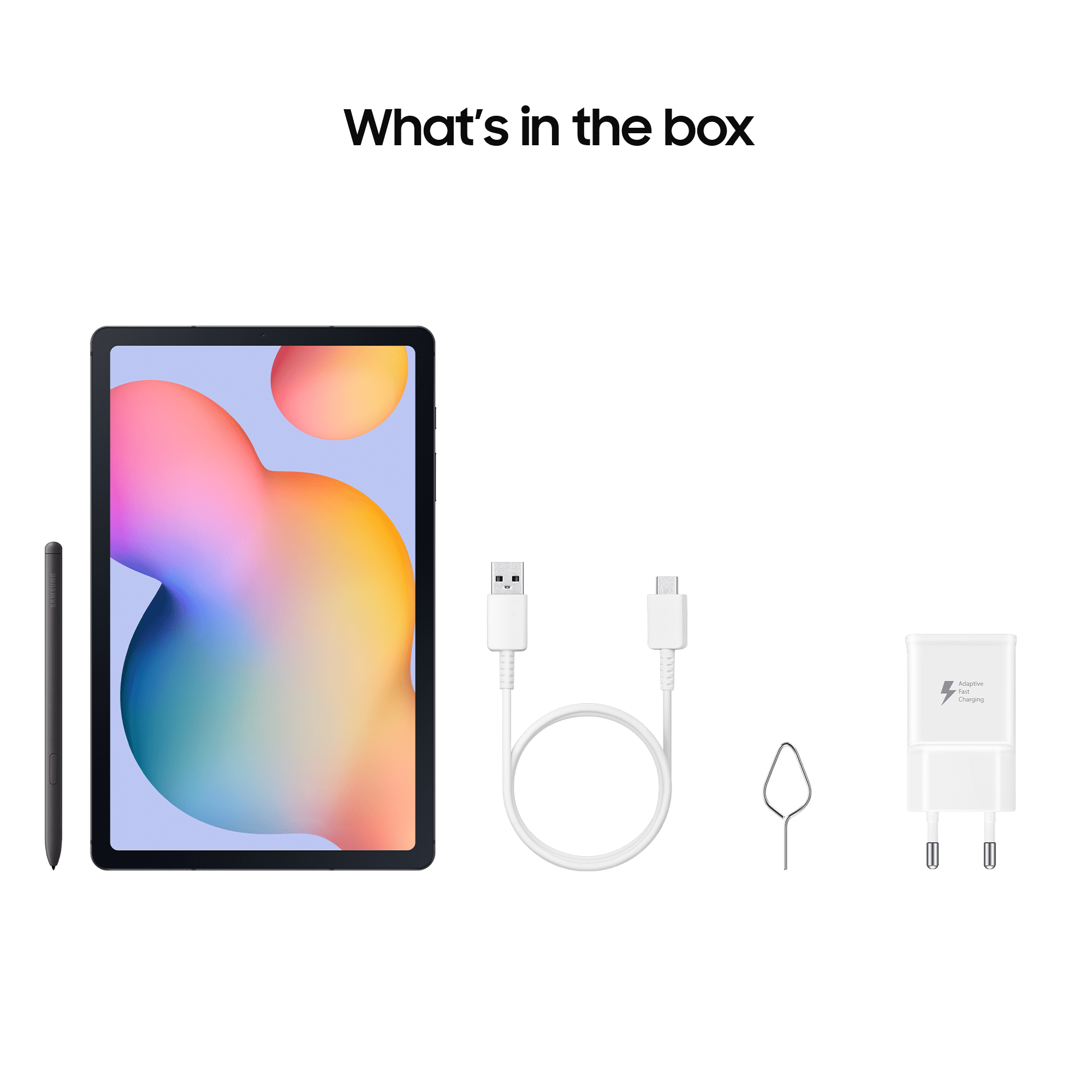 Tablet, Stift, Ladegerät, Kabel und SIM-Auswurfwerkzeug auf dunkler Oberfläche.
