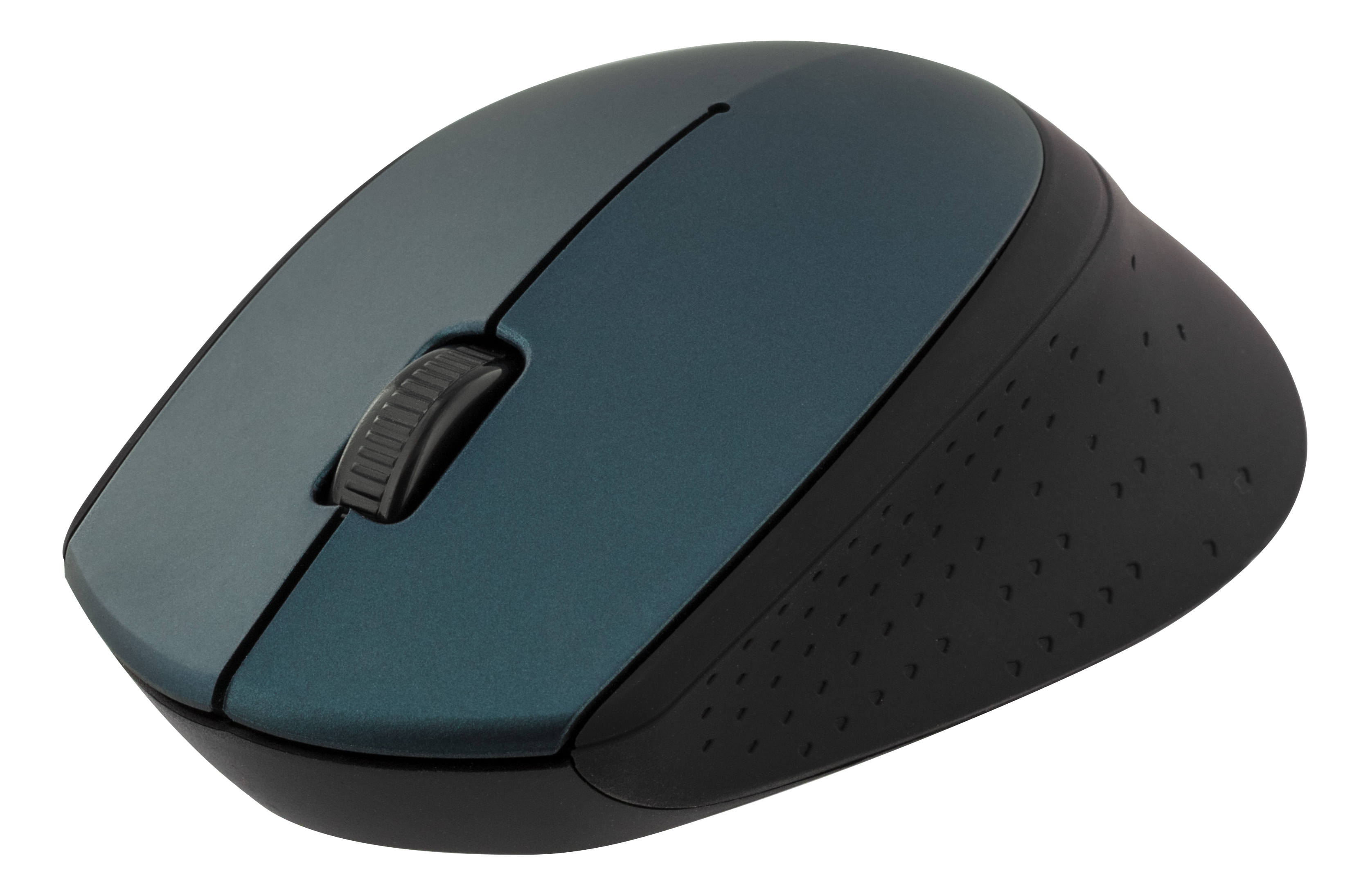 Een blauw-zwarte computermuis. Het is een draadloze muis met een scrollwiel.