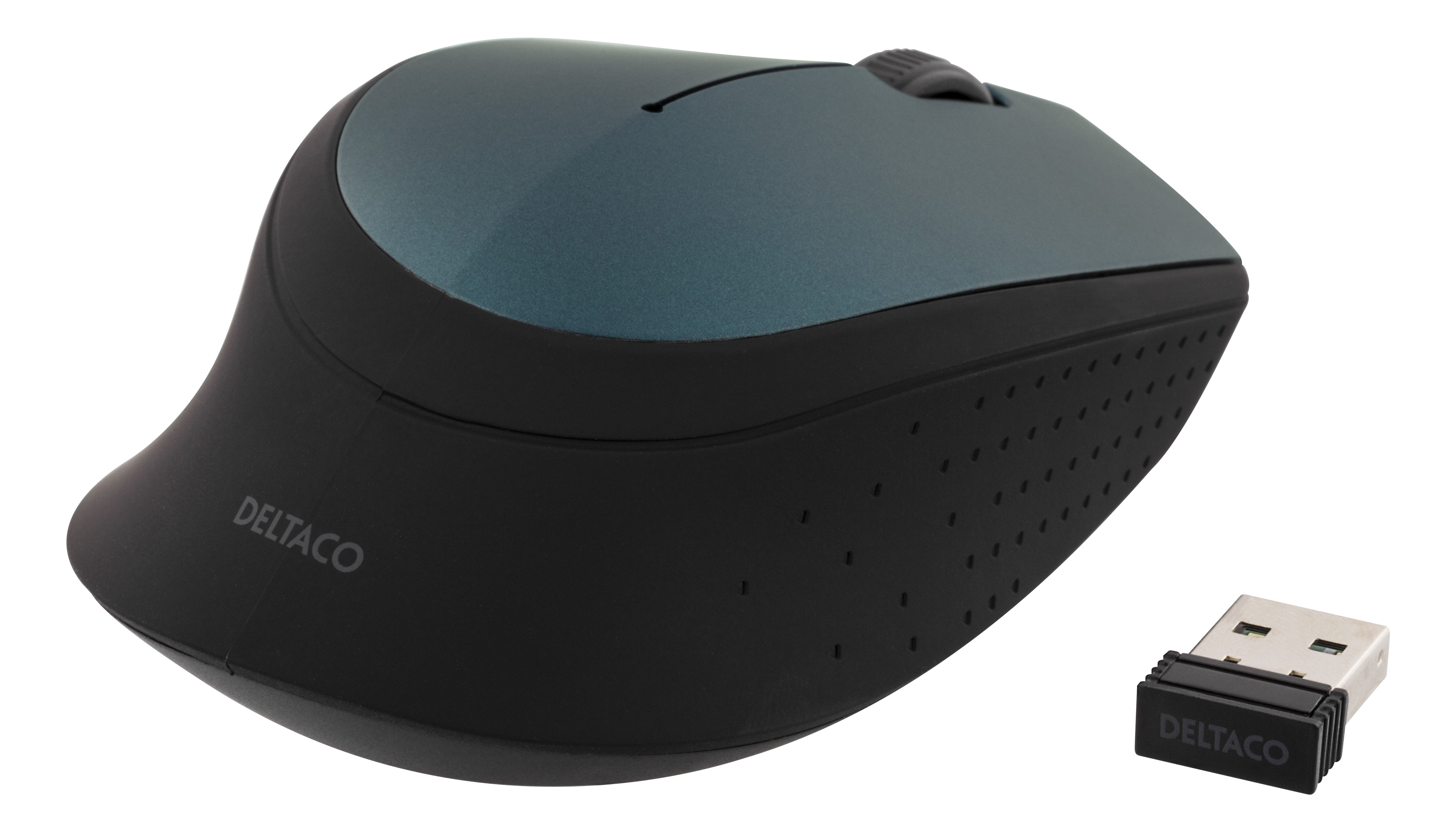 Een zwarte en grijze computermuis en een zwarte USB-ontvanger. De muis is van het merk DELTACO.