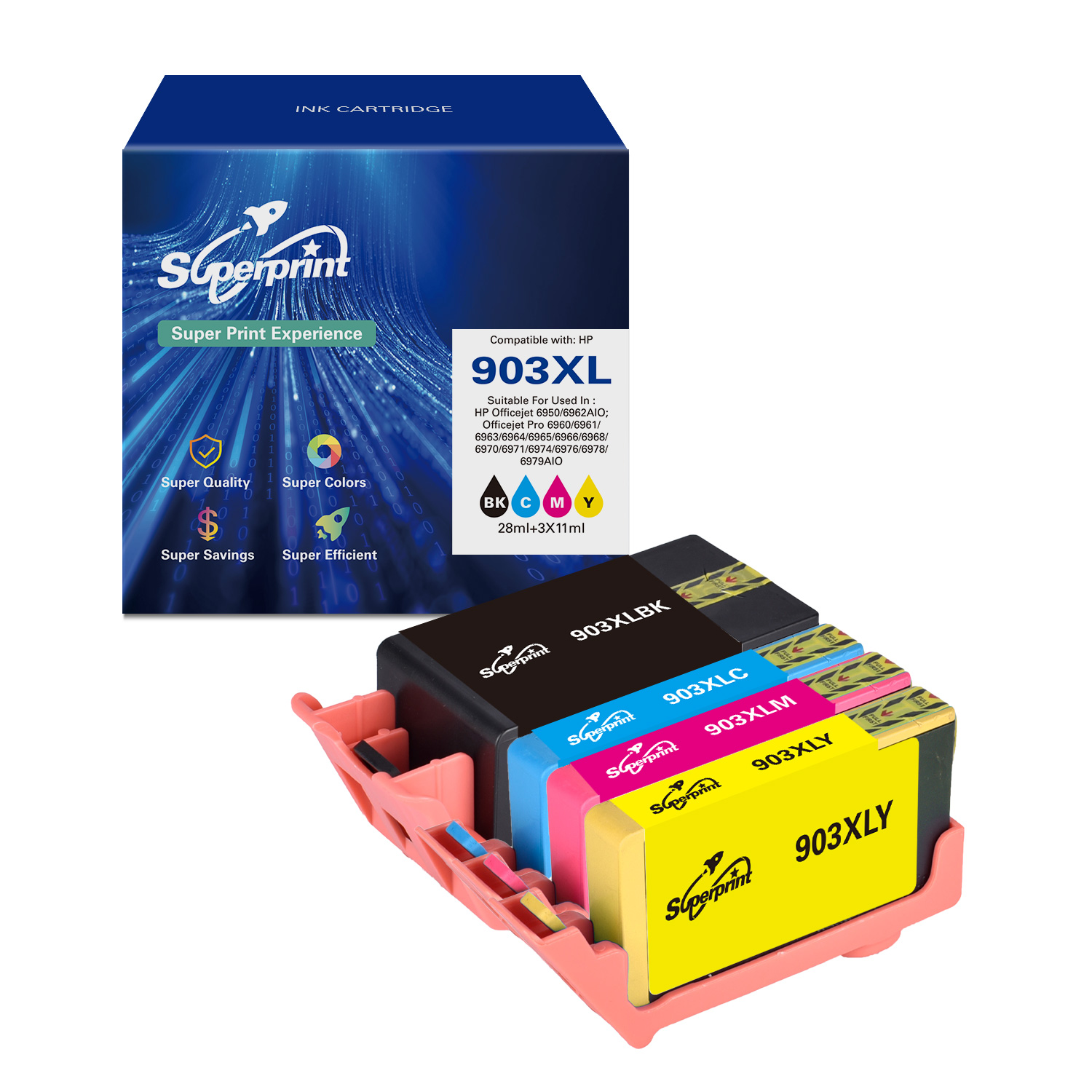 Inktcartridge doos en cartridges. Doos toont details. Cartridges zijn zwart, cyaan, magenta en geel.