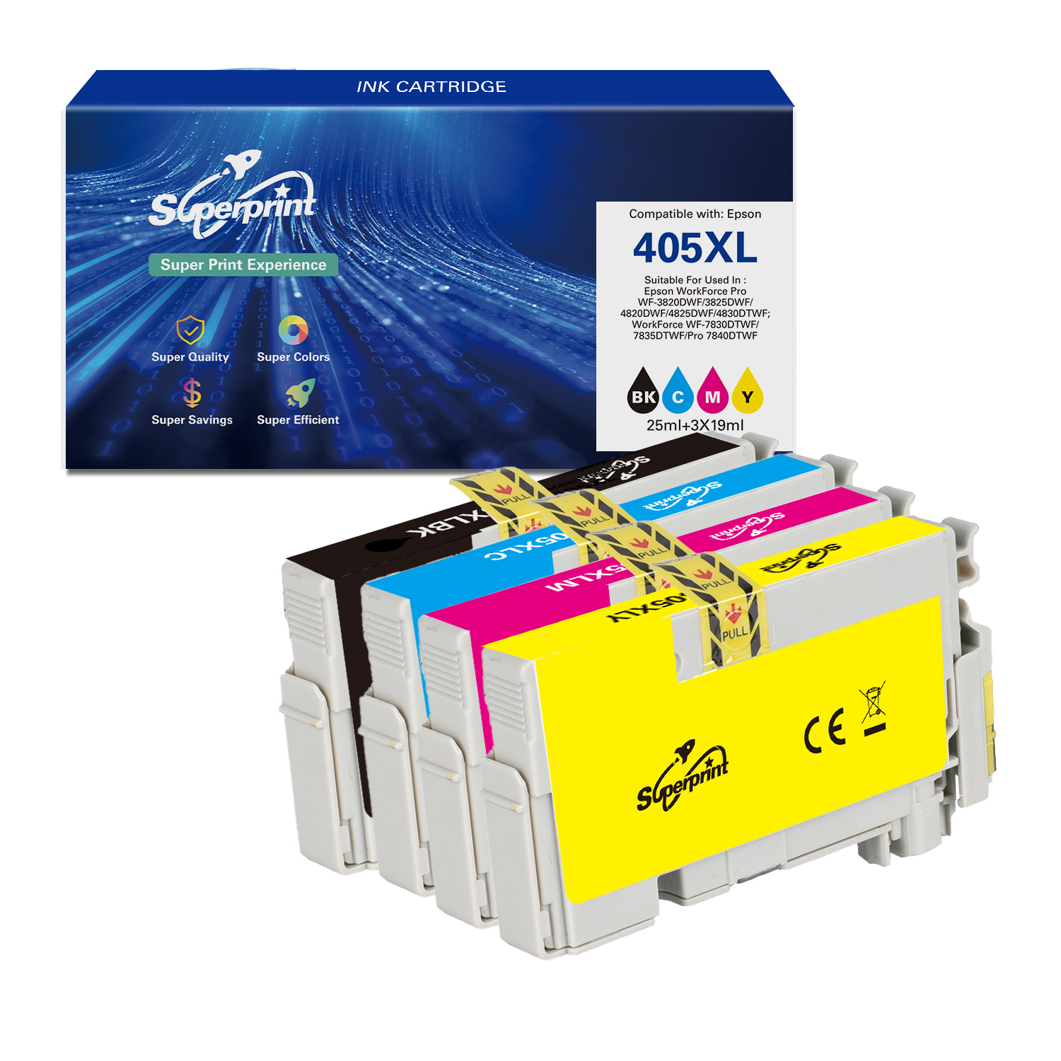 Inktcartridgeverpakking met vier cartridges. Doos met tekst in meerdere kleuren. Witte achtergrond.