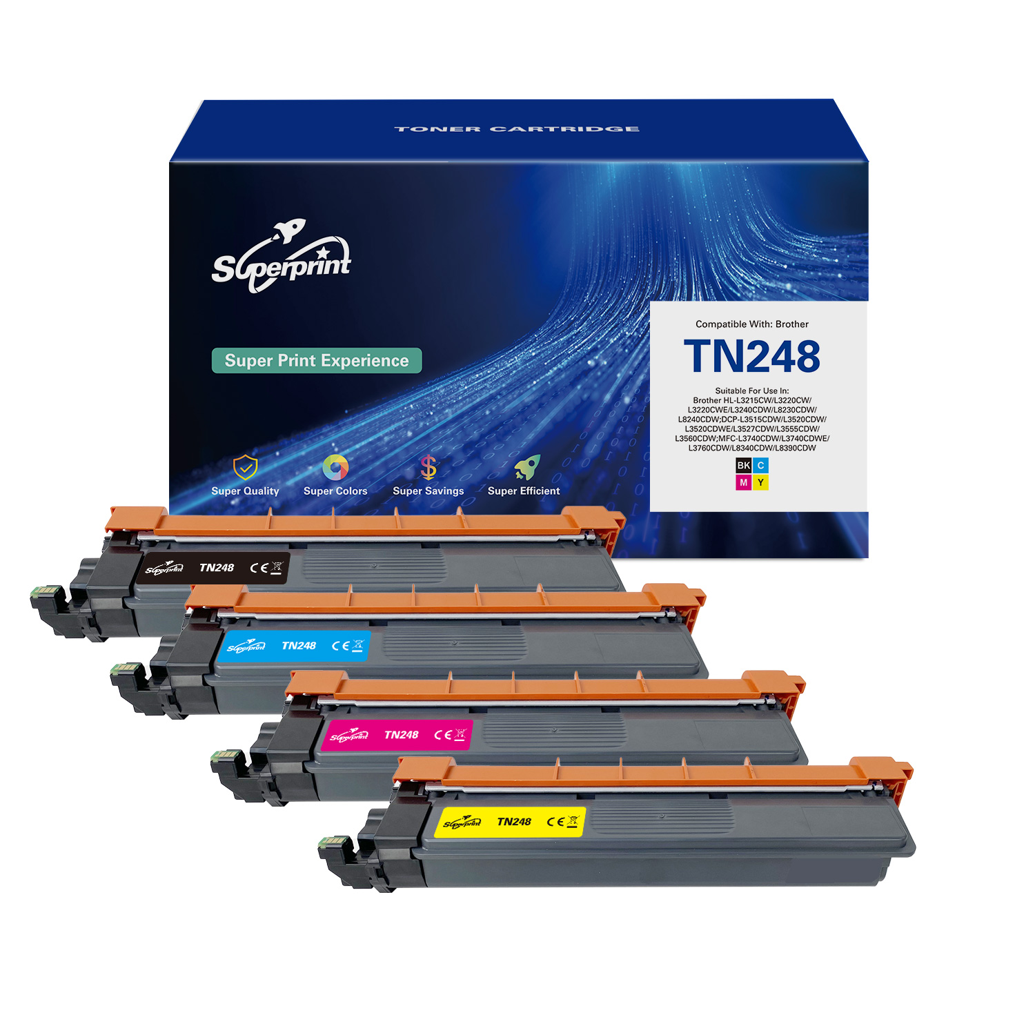 Doos met tonercartridges, vijf cartridges, met gekleurde labels en een witte achtergrond.