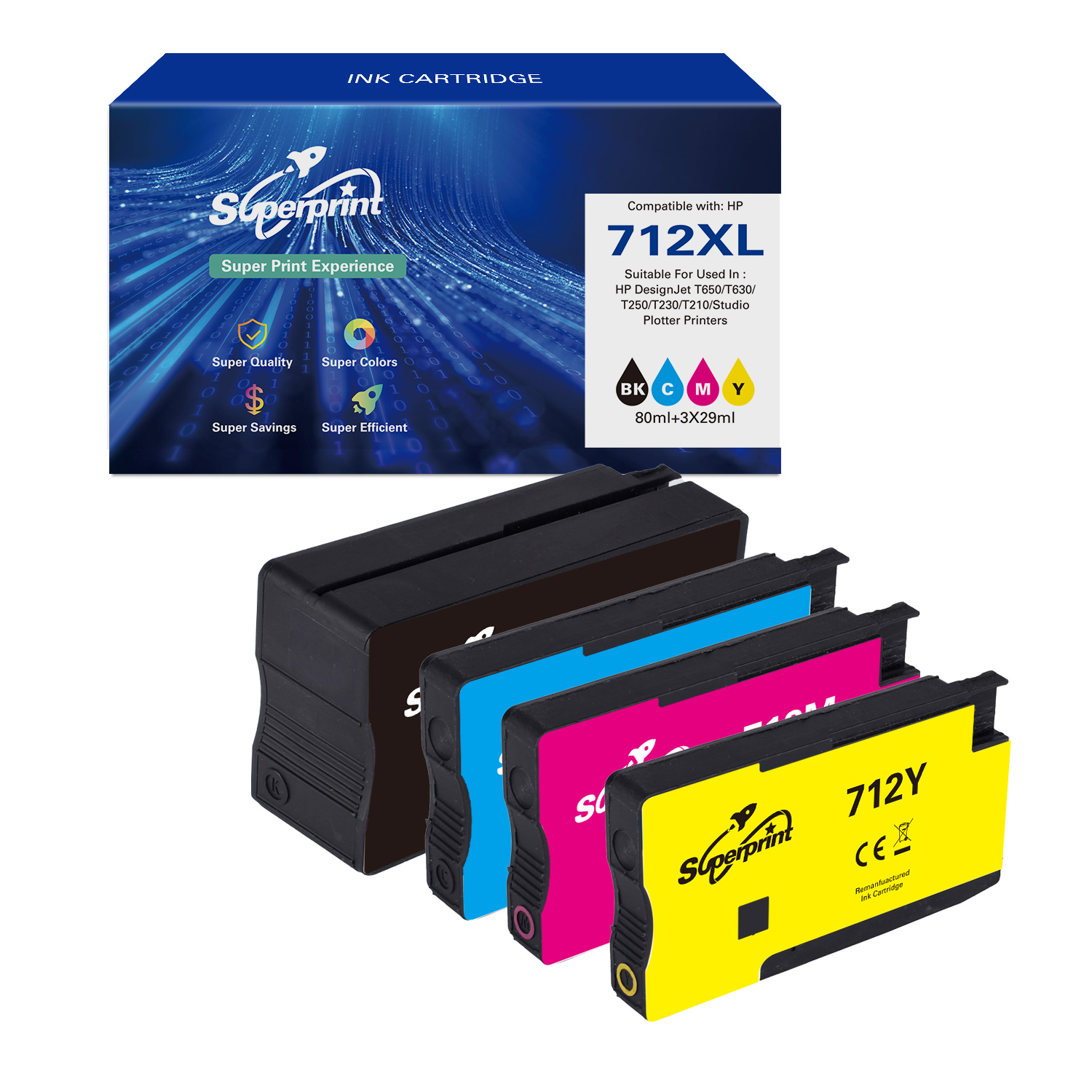 Vier inktcartridges met een blauw-witte Superprint doos. De cartridges zijn zwart, blauw, roze en geel.