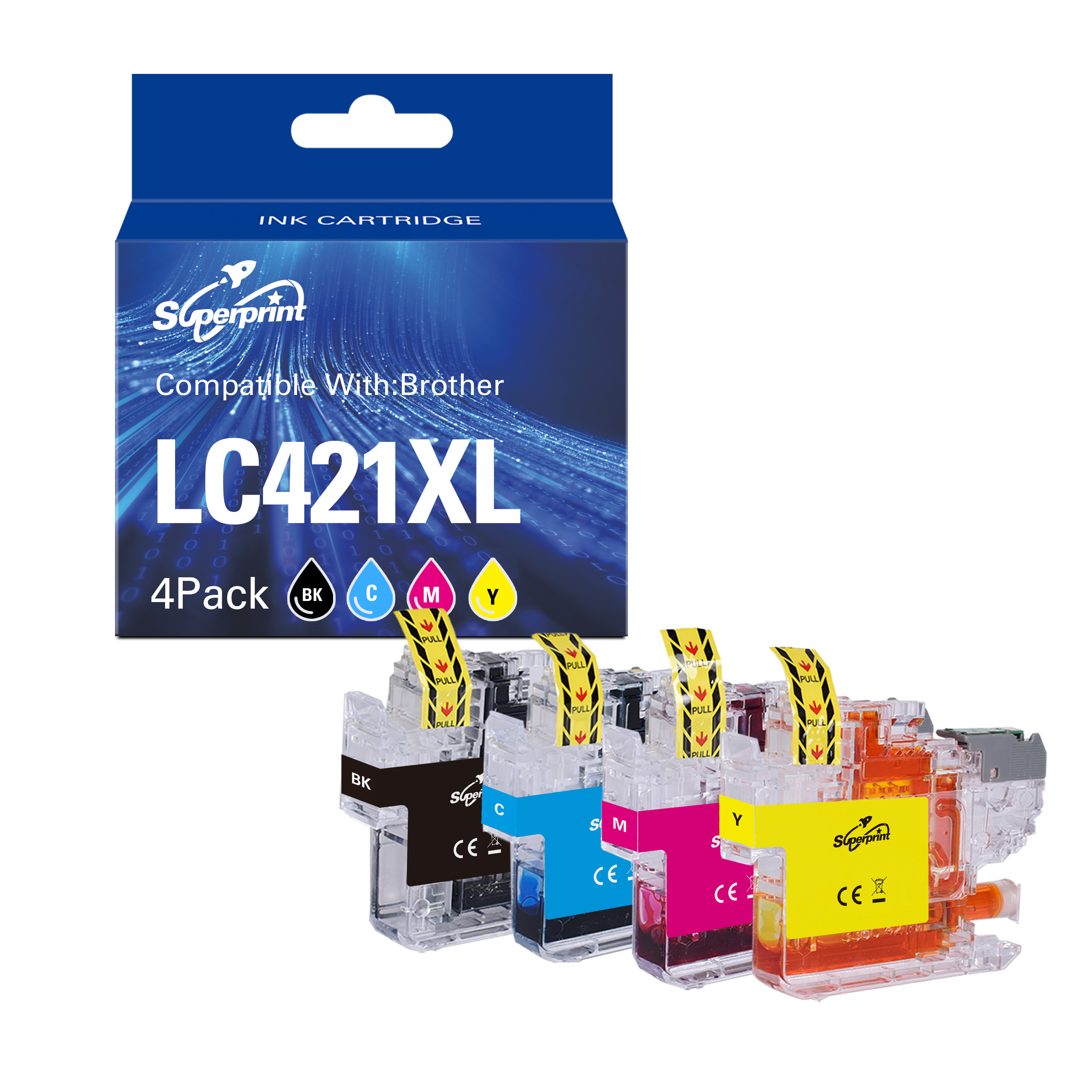Boîte de cartouches d'encre avec quatre cartouches. Les cartouches sont noires, cyan, magenta et jaunes.