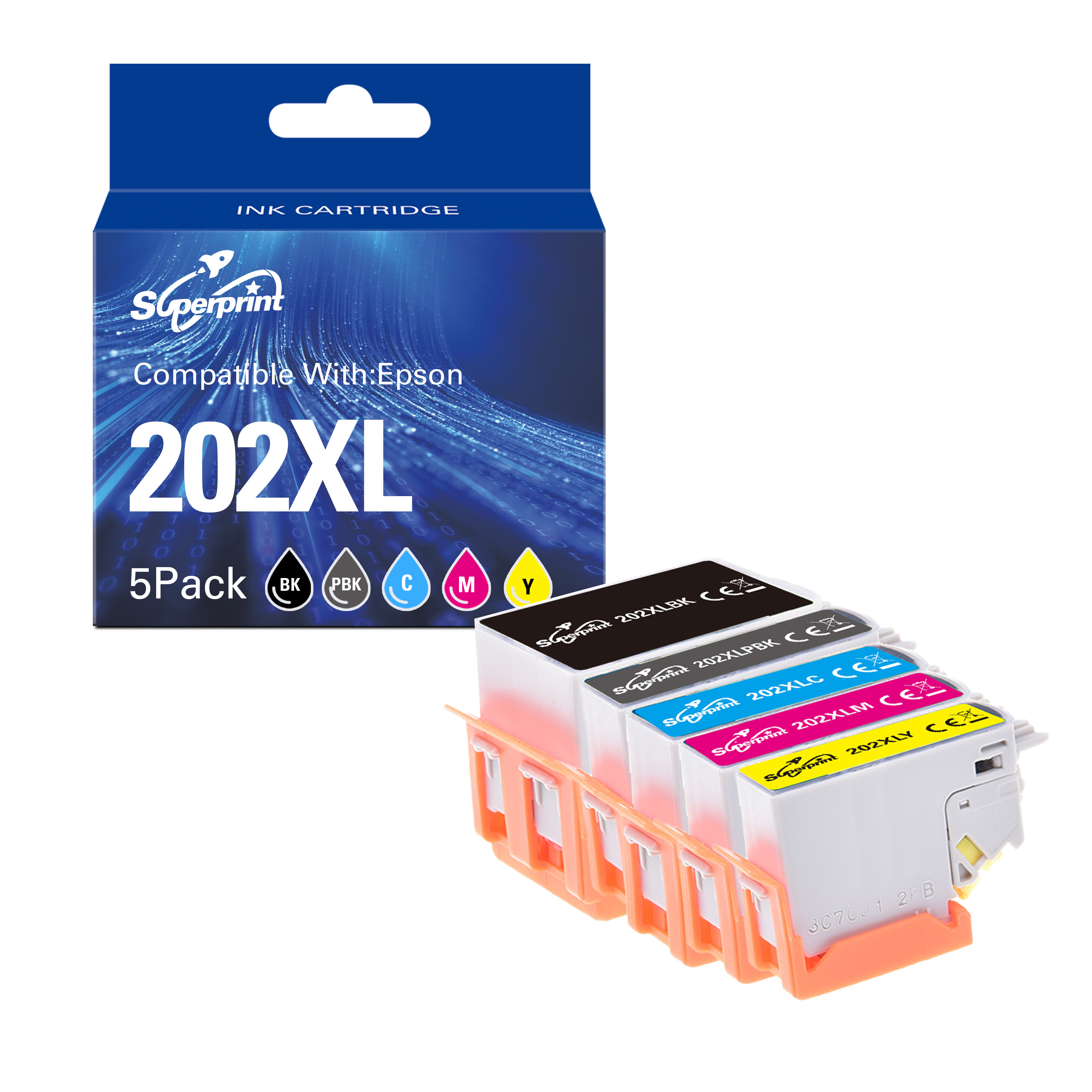 Inktcartridge verpakking met inktcartridges. Zwarte, cyaan, magenta en gele cartridges. Witte achtergrond.