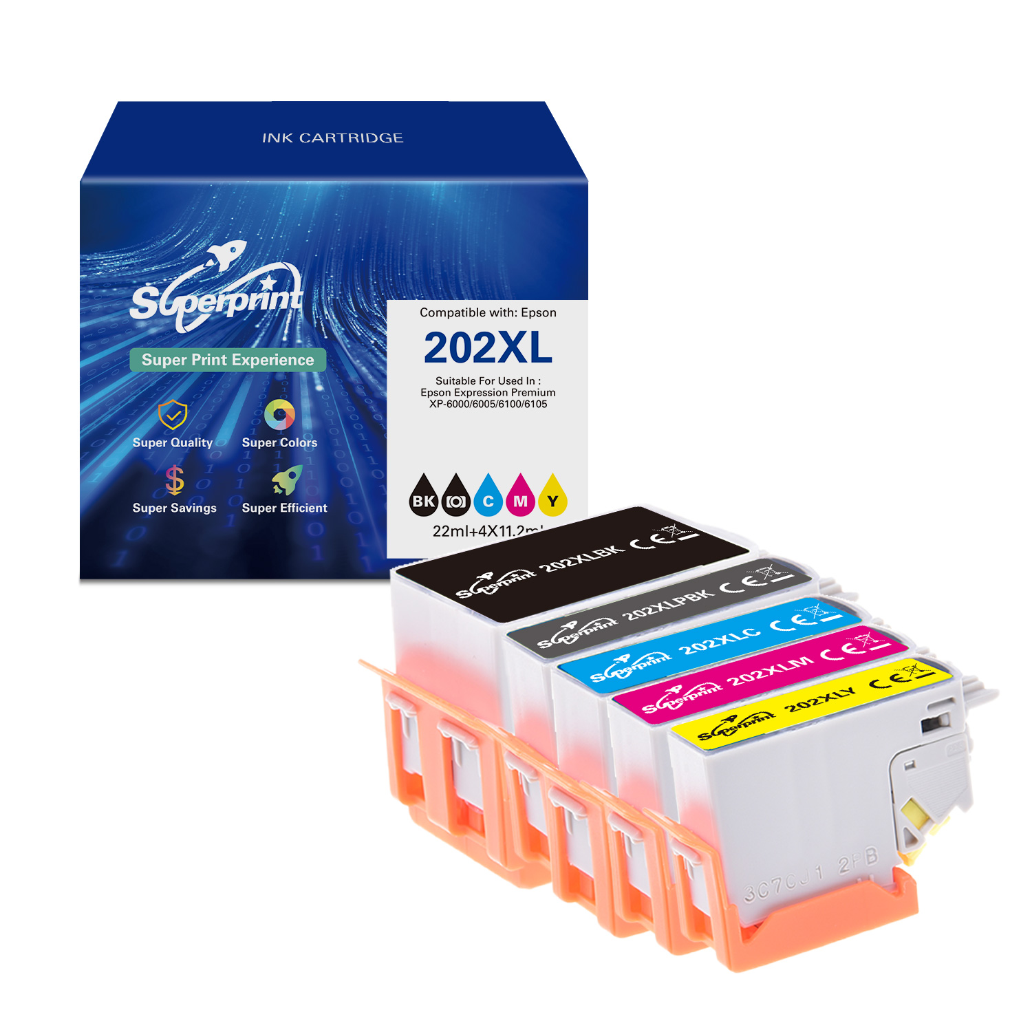 Inktcartridges in een houder en een doos met inkt.