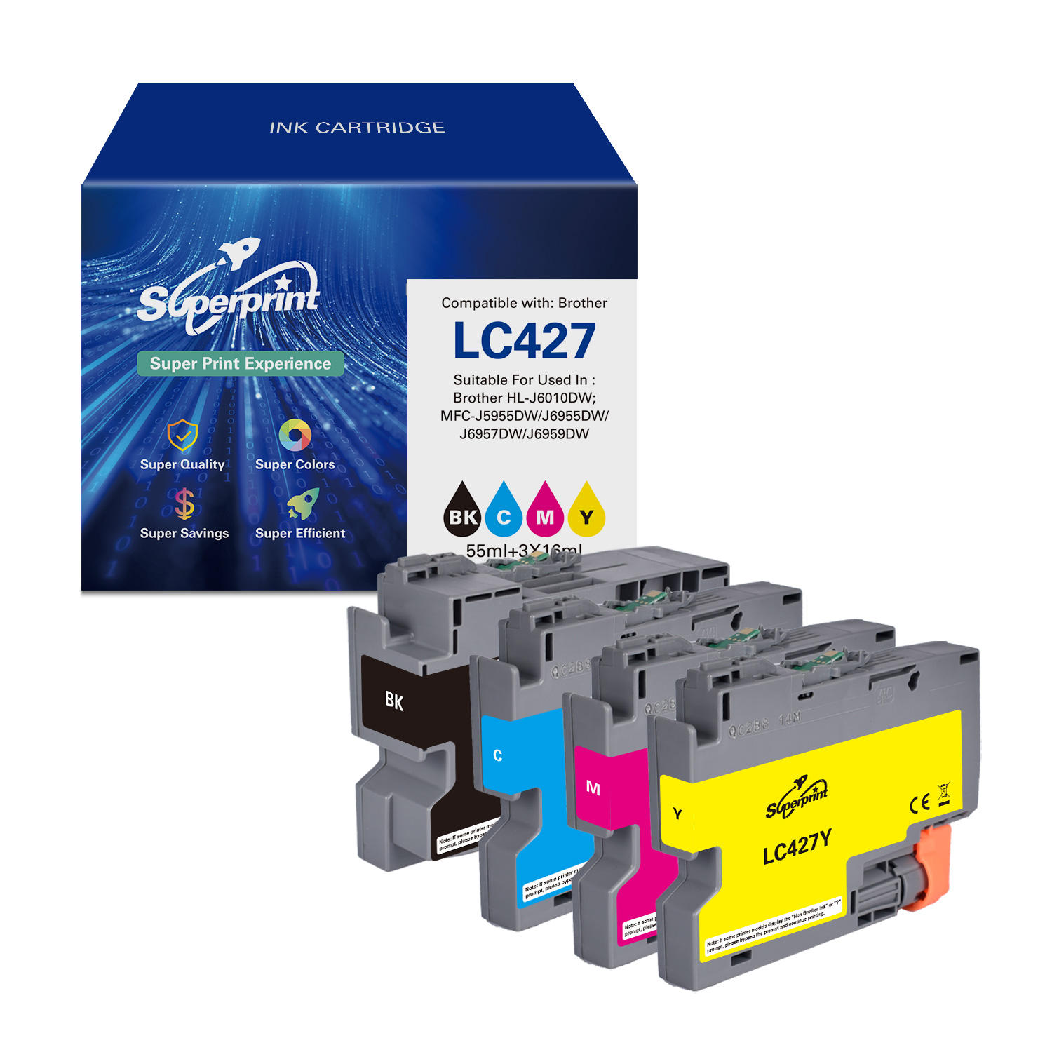 Superprint inktcartridge doos met vier cartridges: zwart, cyaan, magenta en geel.