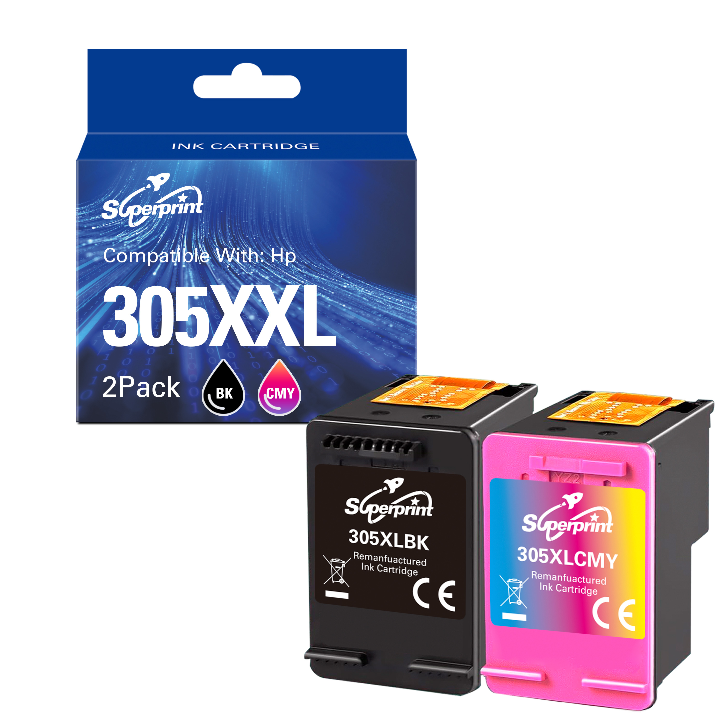 Deux cartouches d'encre et une boîte étiquetée '305XXL' pour imprimantes HP, noires et roses.