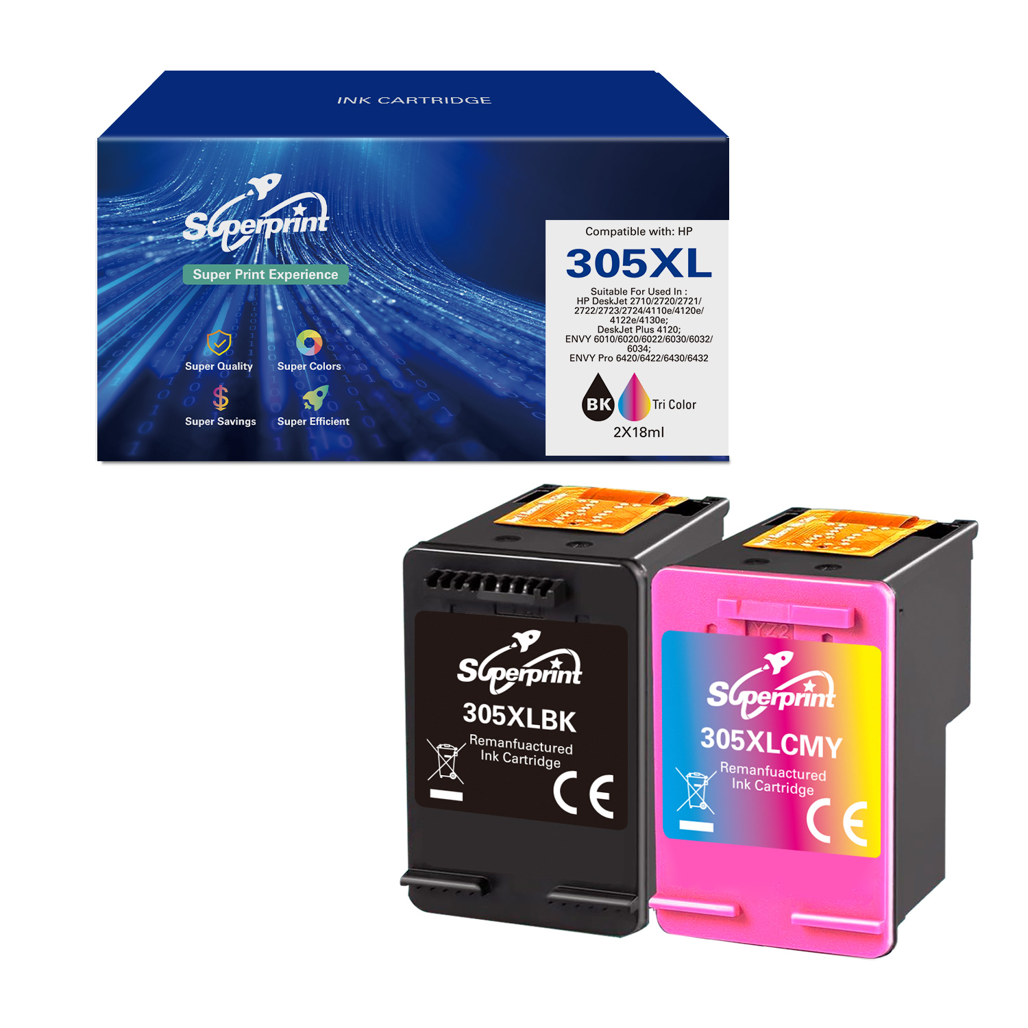 Deux cartouches d'encre, noire et rose, avec une boîte qui annonce 'Superprint' pour les imprimantes HP 305XL.